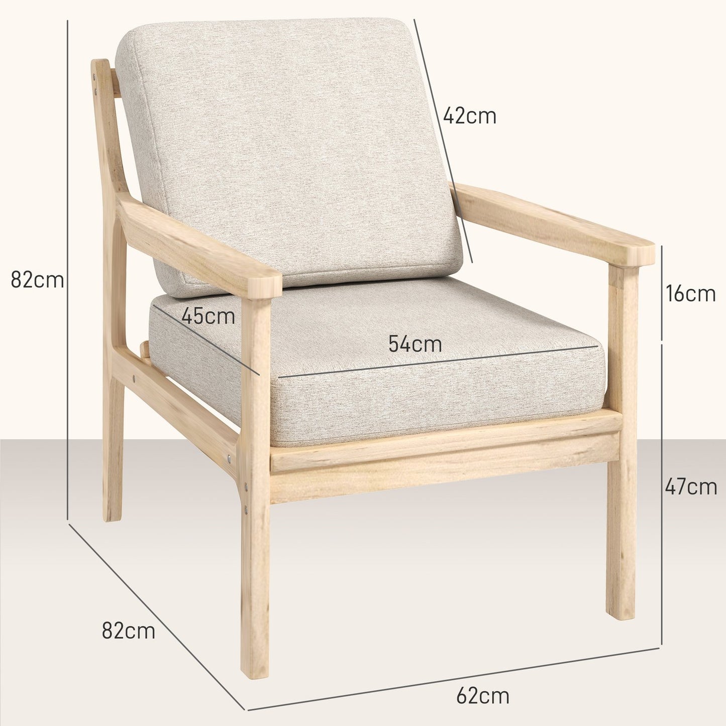 Beige armchair in linen look with wooden legs and removable cushions