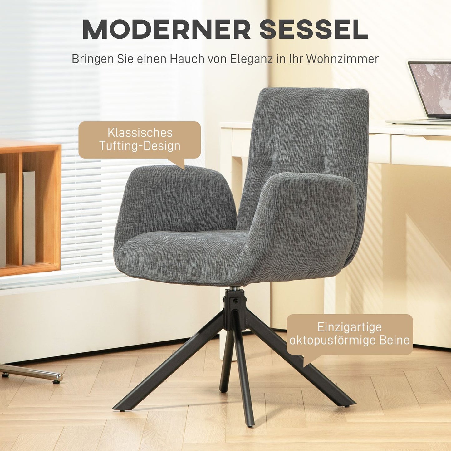 Dark gray swivel armchair - modern upholstery, steel legs
