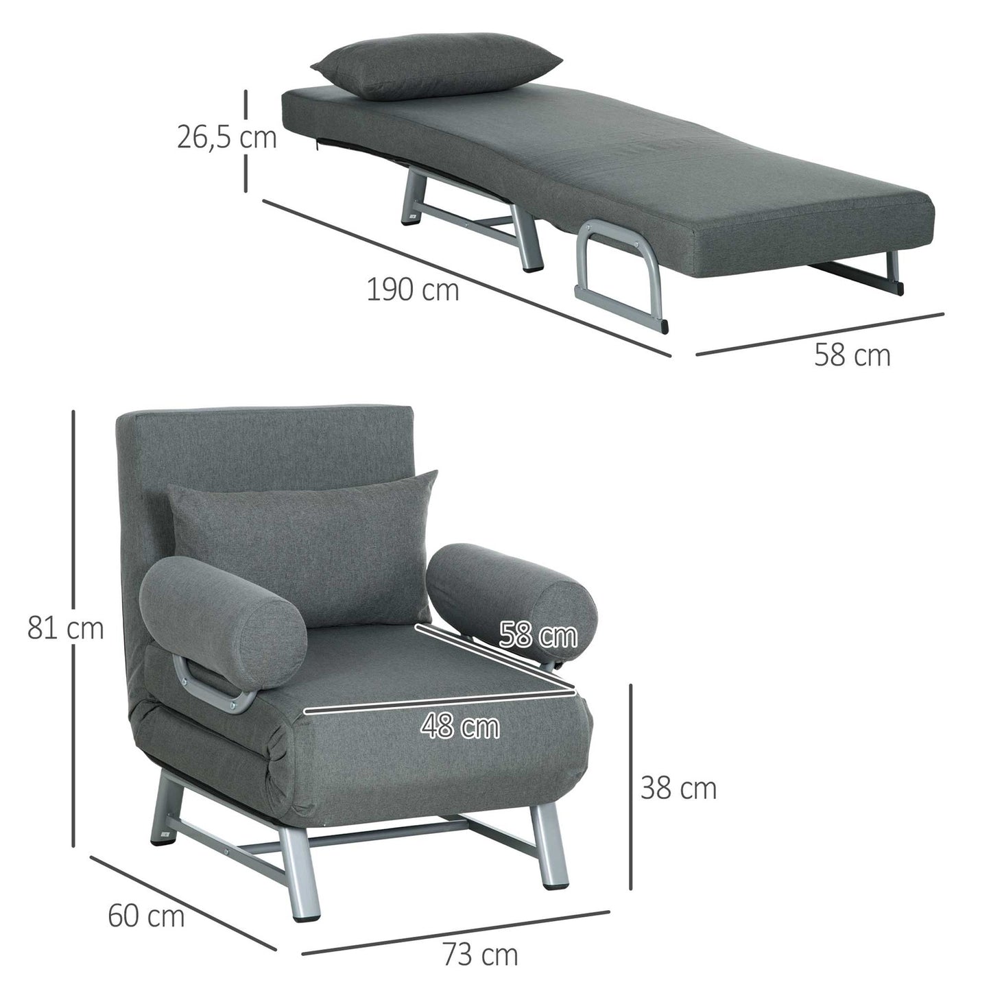 Armchair, upholstered armchair, convertible to guest bed, ergonomic, dark grey