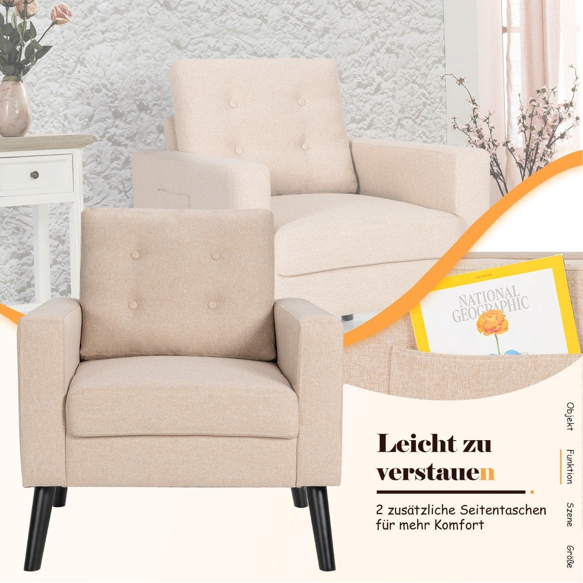 Armchair with 2 side pockets 53cm seat depth wing chair with armrests and back cushion 75 x 81 x 86 cm beige