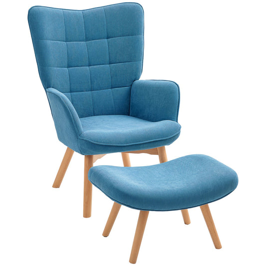 Blue corduroy Wingback armchair with footstool, tufted design