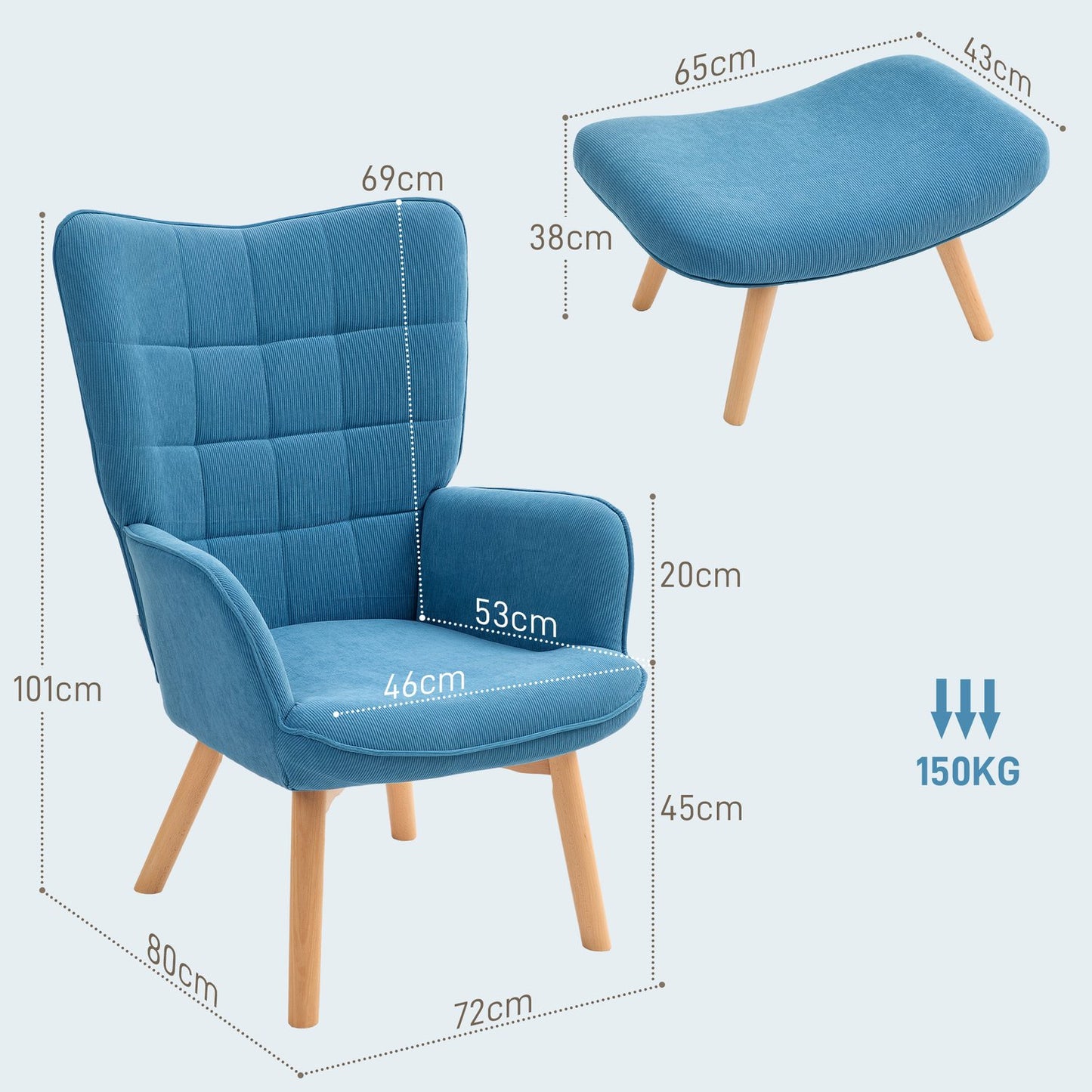 Blue corduroy Wingback armchair with footstool, tufted design