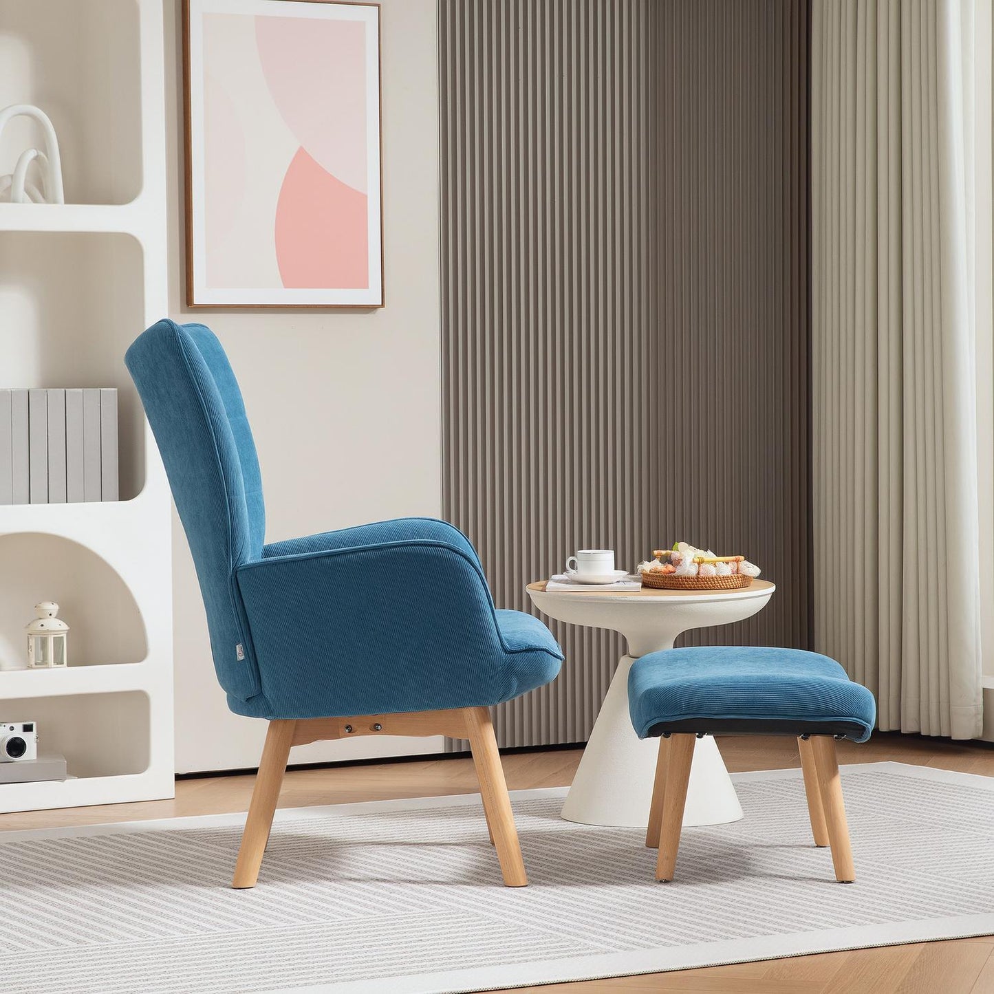 Blue corduroy Wingback armchair with footstool, tufted design