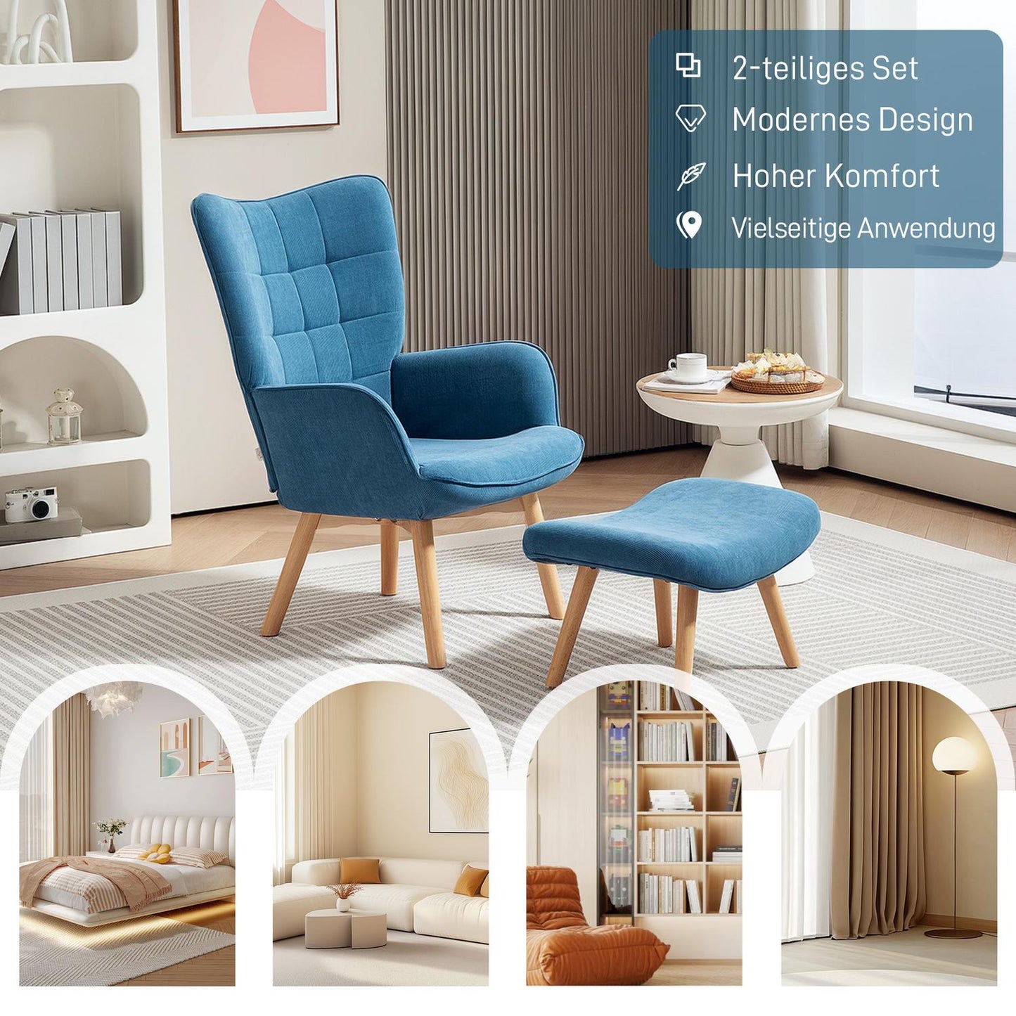 Blue corduroy Wingback armchair with footstool, tufted design