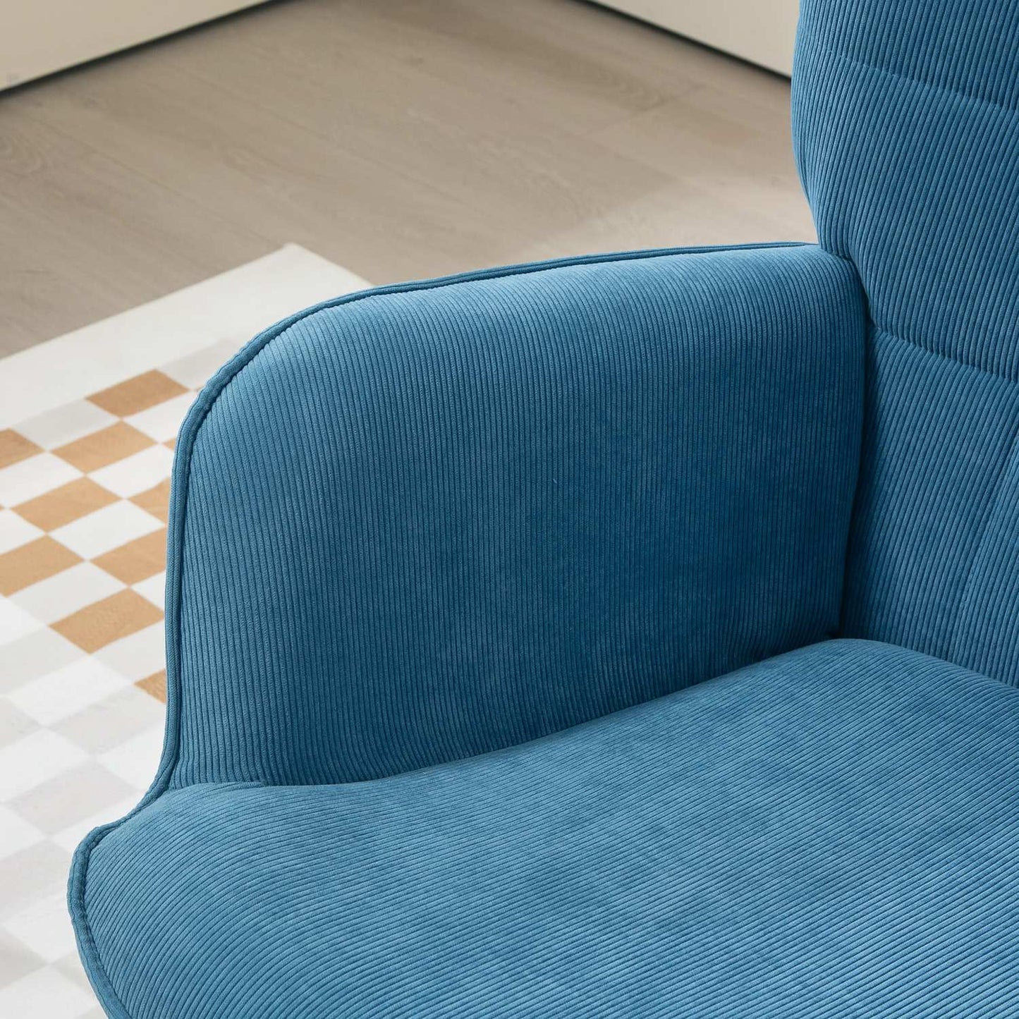Blue corduroy Wingback armchair with footstool, tufted design