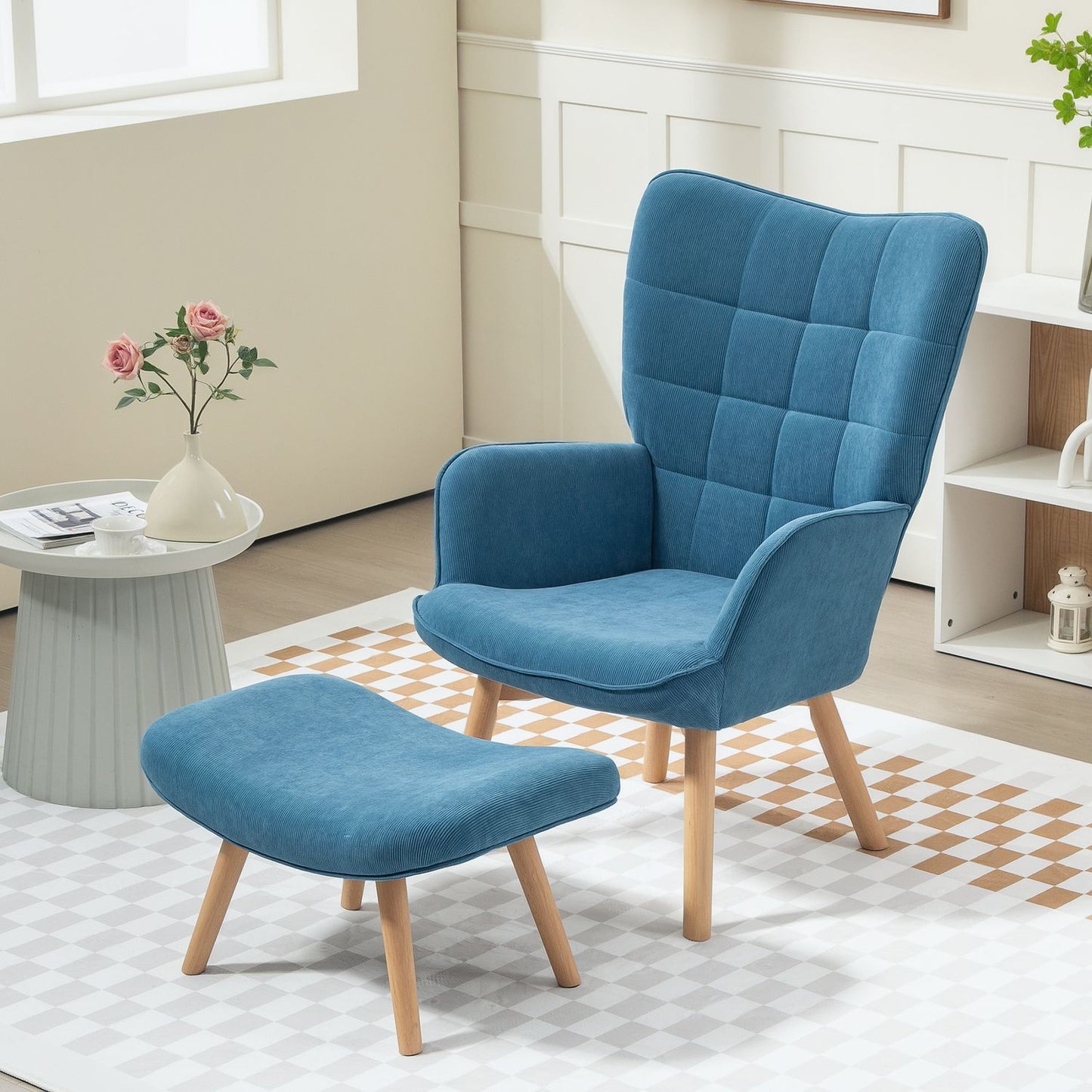 Blue corduroy Wingback armchair with footstool, tufted design