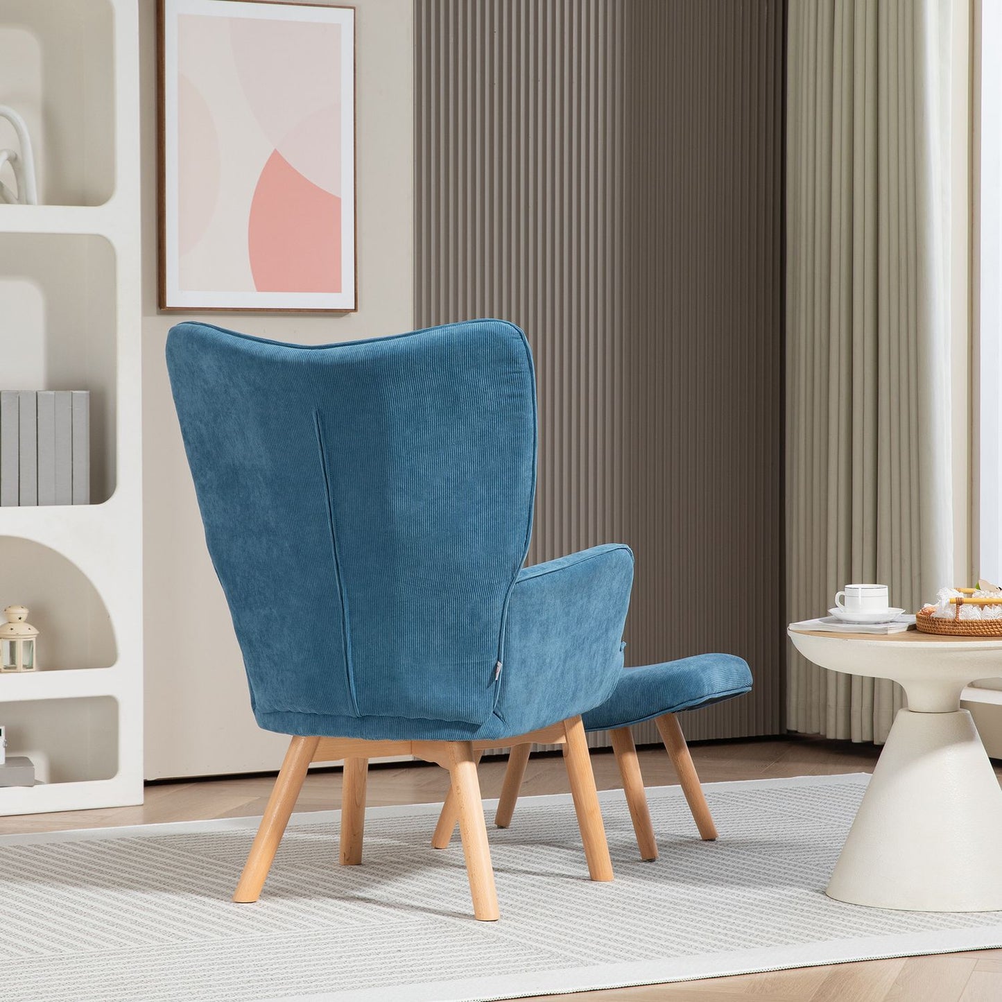 Blue corduroy Wingback armchair with footstool, tufted design