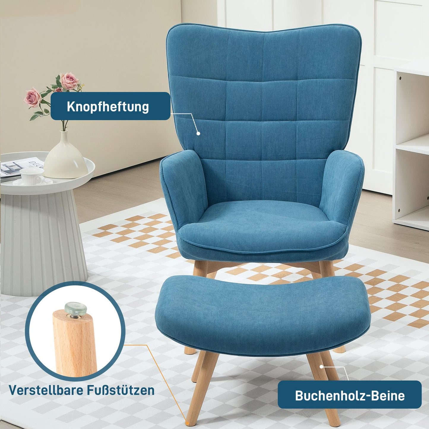 Blue corduroy Wingback armchair with footstool, tufted design