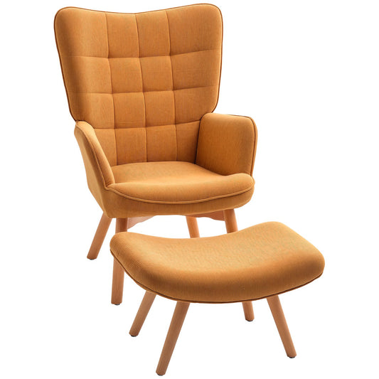 Wingback armchair with stool - Tufted corduroy, brown