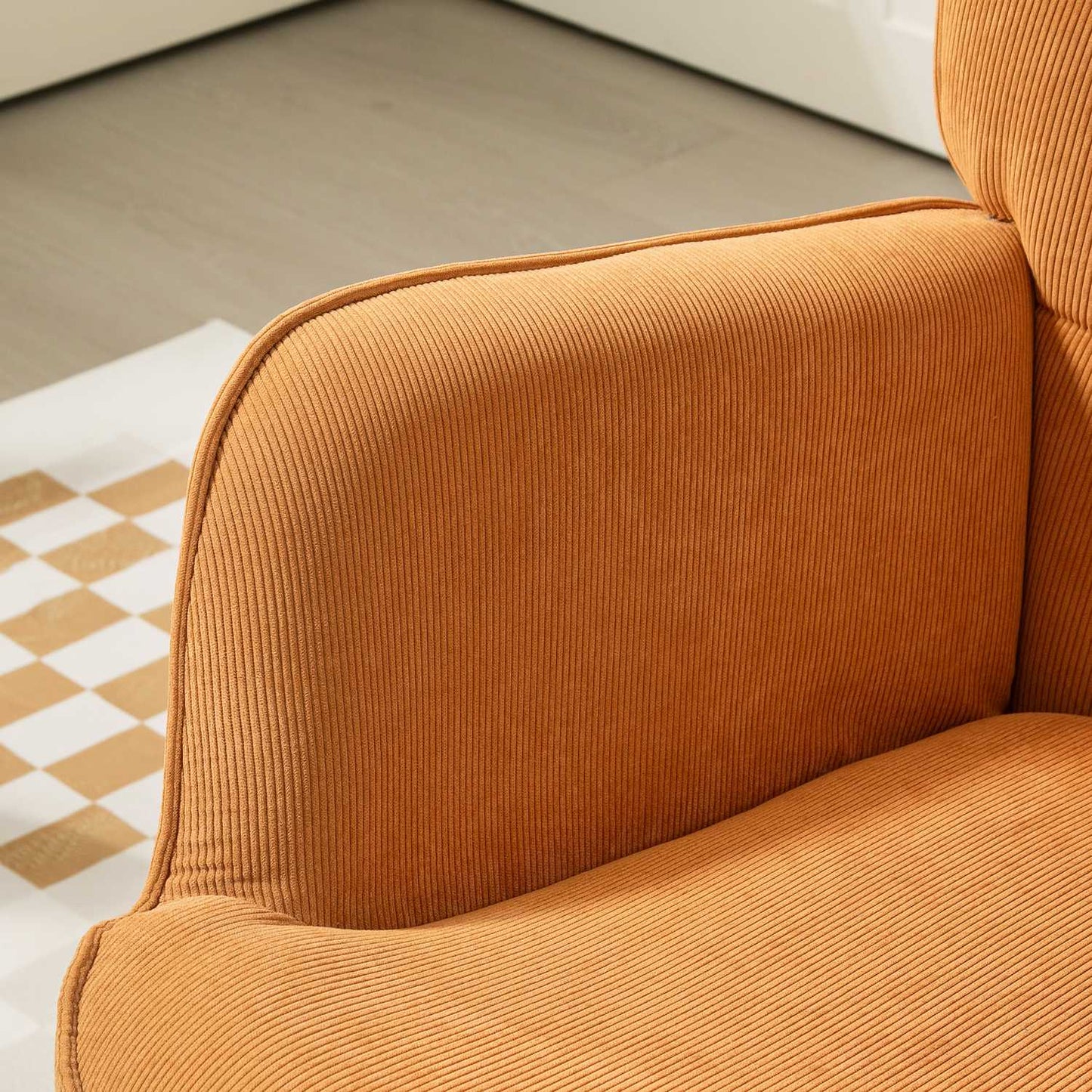 Wingback armchair with stool - Tufted corduroy, brown