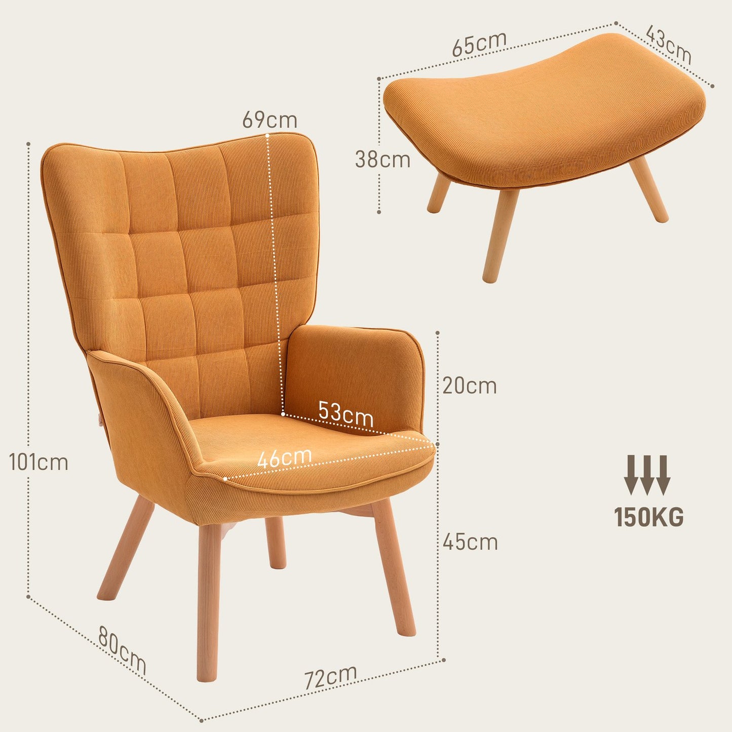 Wingback armchair with stool - Tufted corduroy, brown