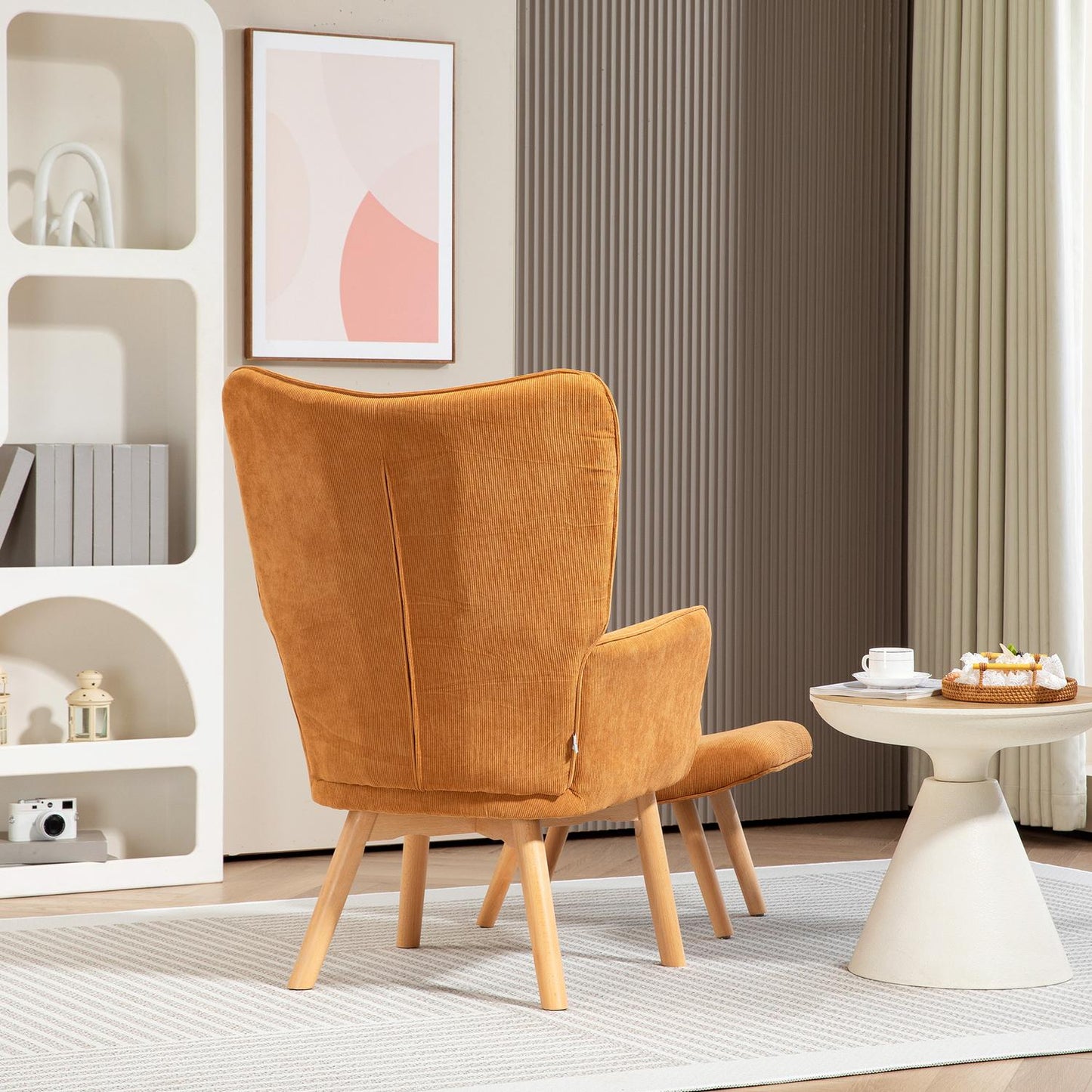 Wingback armchair with stool - Tufted corduroy, brown