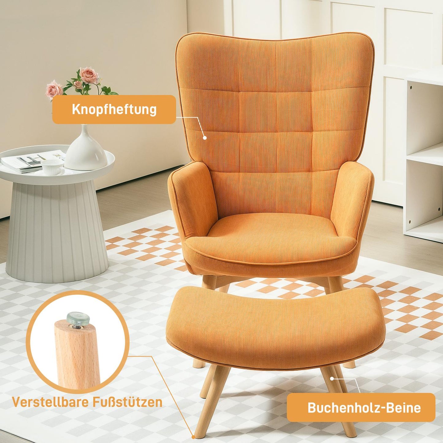 Wingback armchair with stool - Tufted corduroy, brown