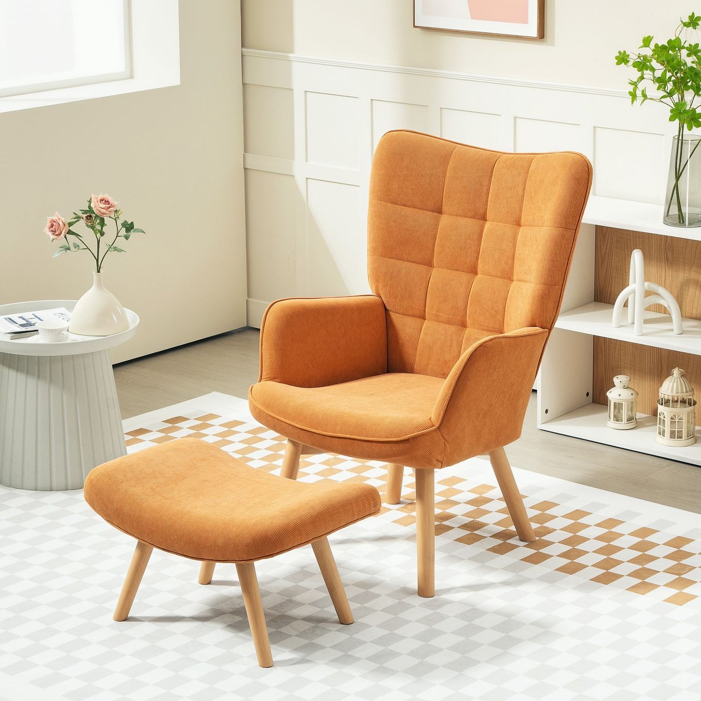 Wingback armchair with stool - Tufted corduroy, brown