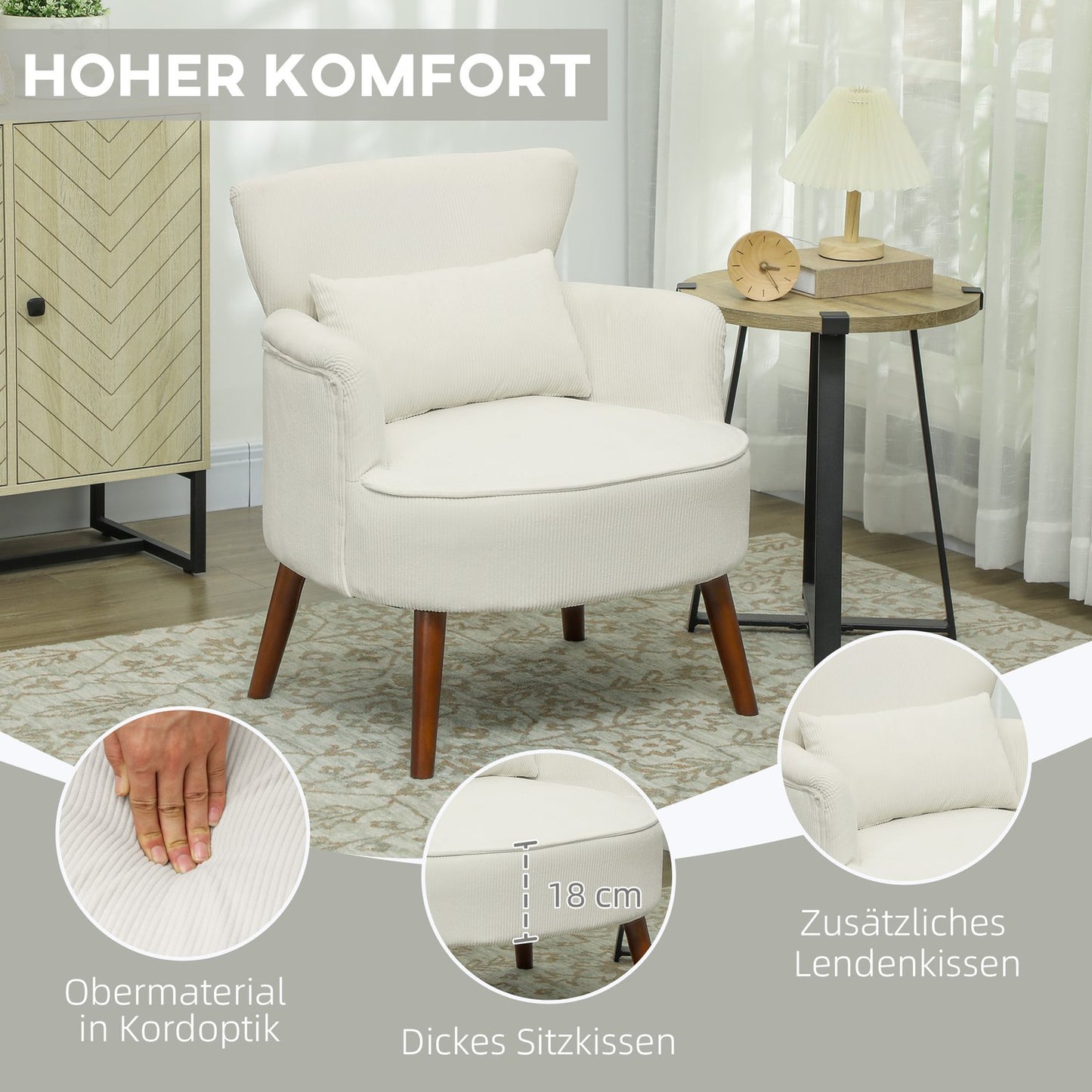 Creamy white upholstered armchair - wooden legs, cord look