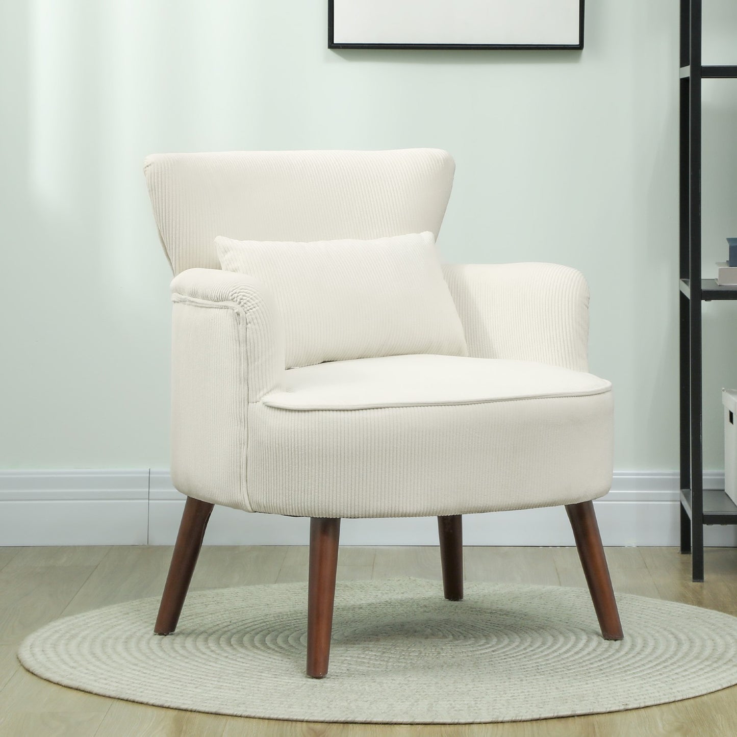 Creamy white upholstered armchair - wooden legs, cord look