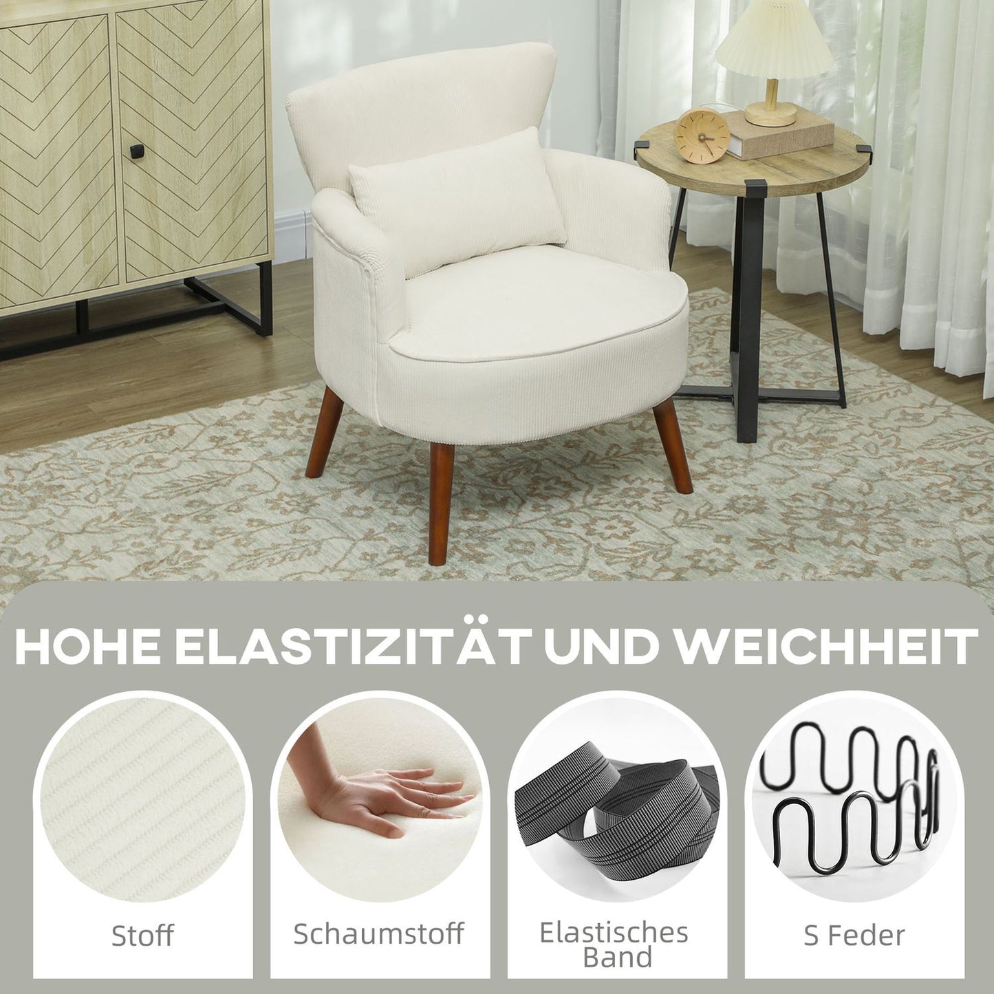 Creamy white upholstered armchair - wooden legs, cord look