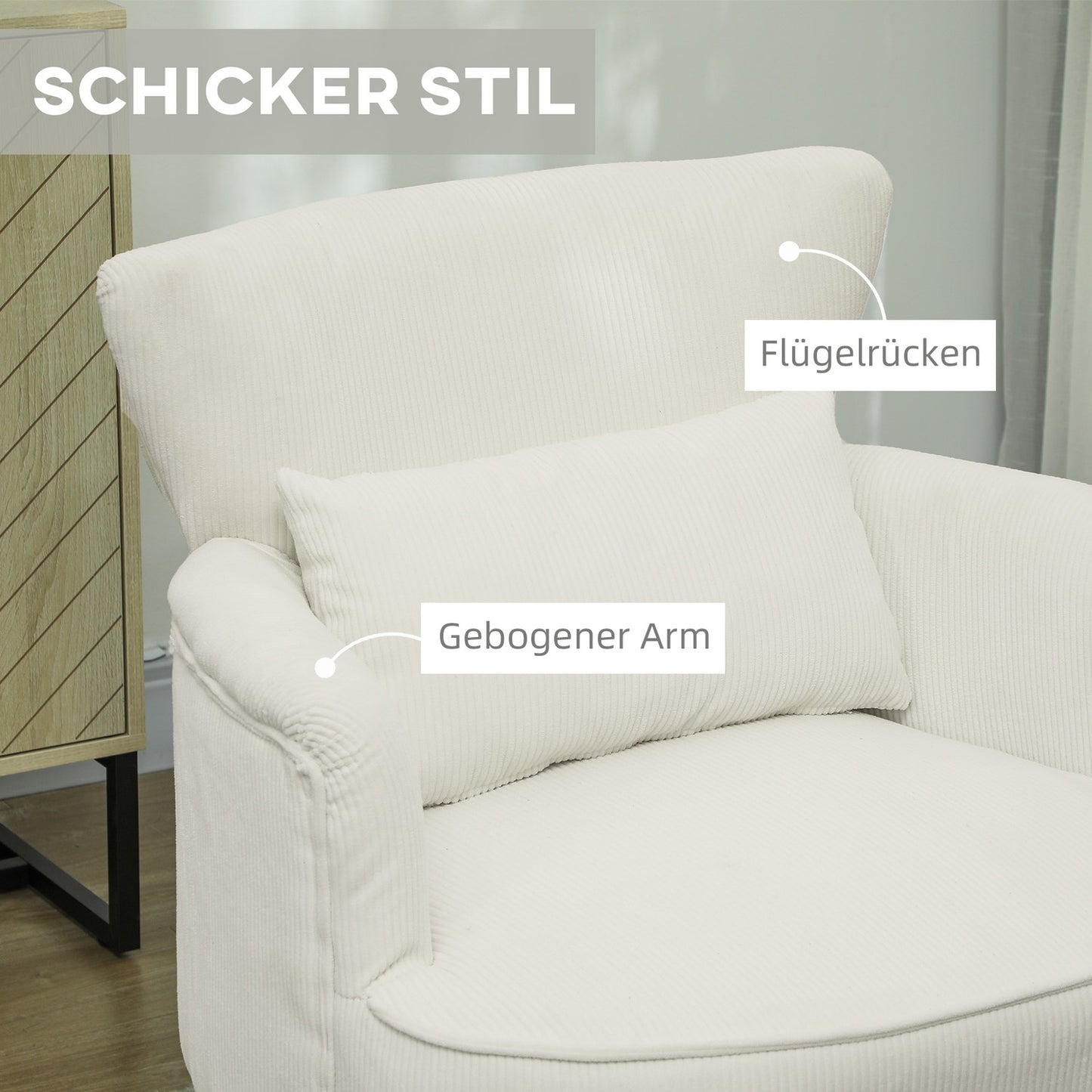 Creamy white upholstered armchair - wooden legs, cord look