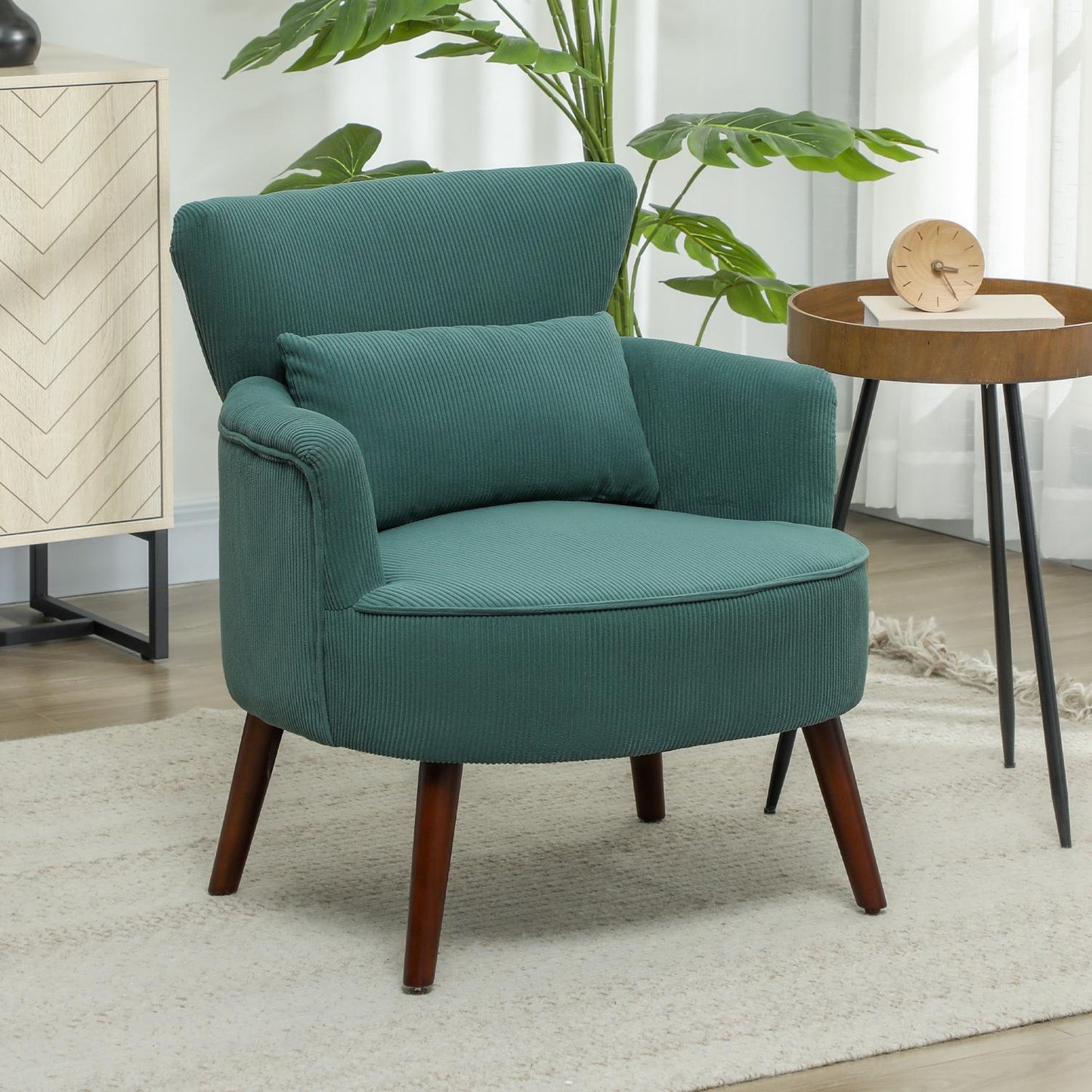 Dark green upholstered armchair, cord look, wooden legs