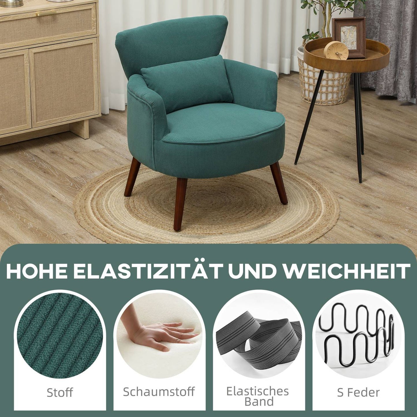 Dark green upholstered armchair, cord look, wooden legs