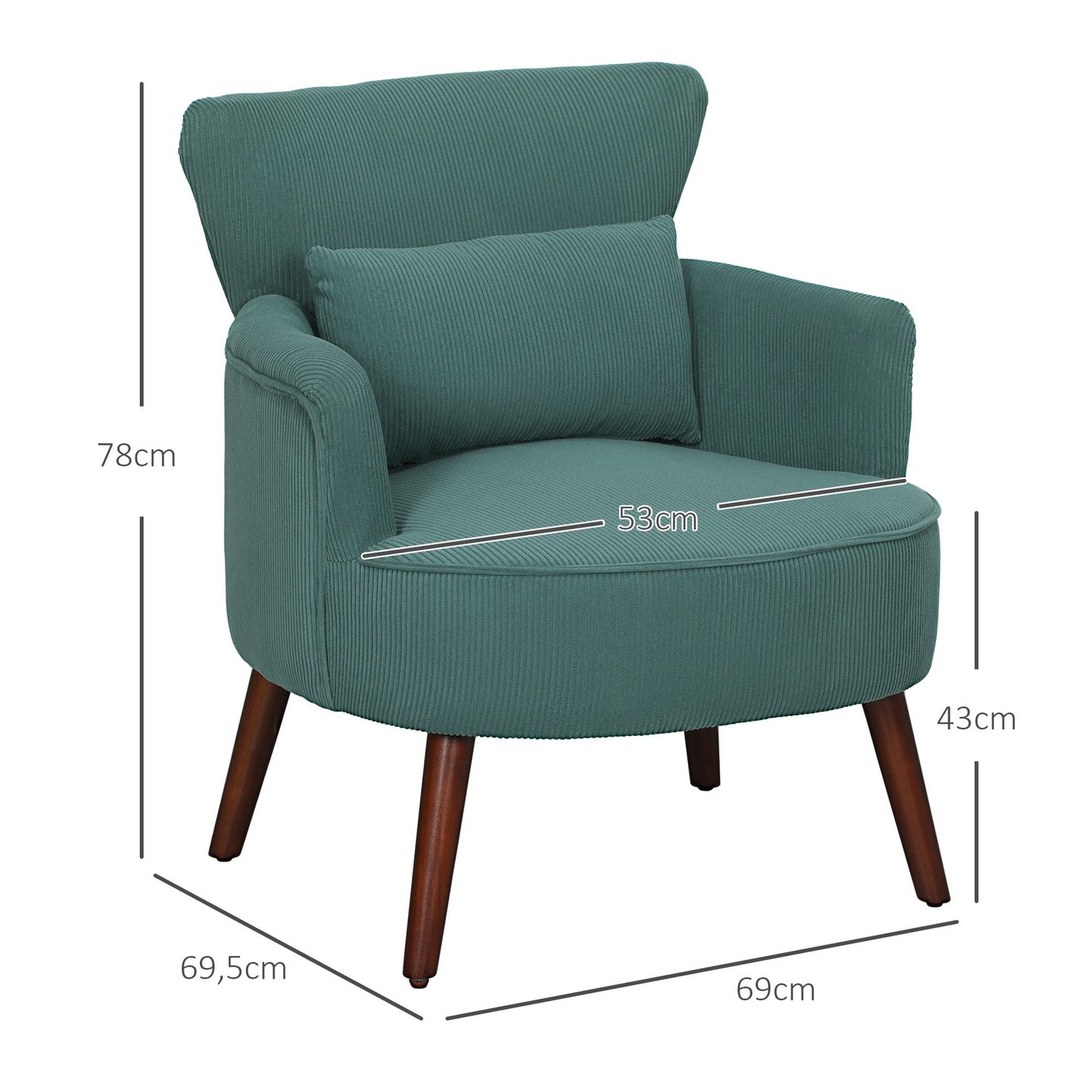 Dark green upholstered armchair, cord look, wooden legs