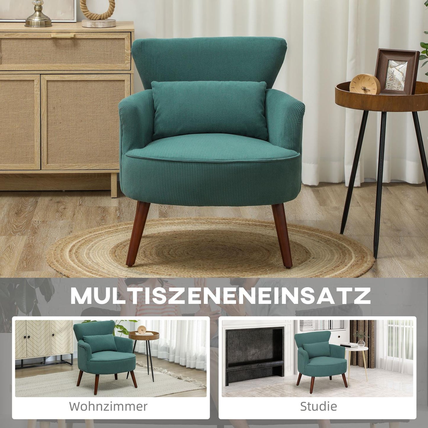 Dark green upholstered armchair, cord look, wooden legs