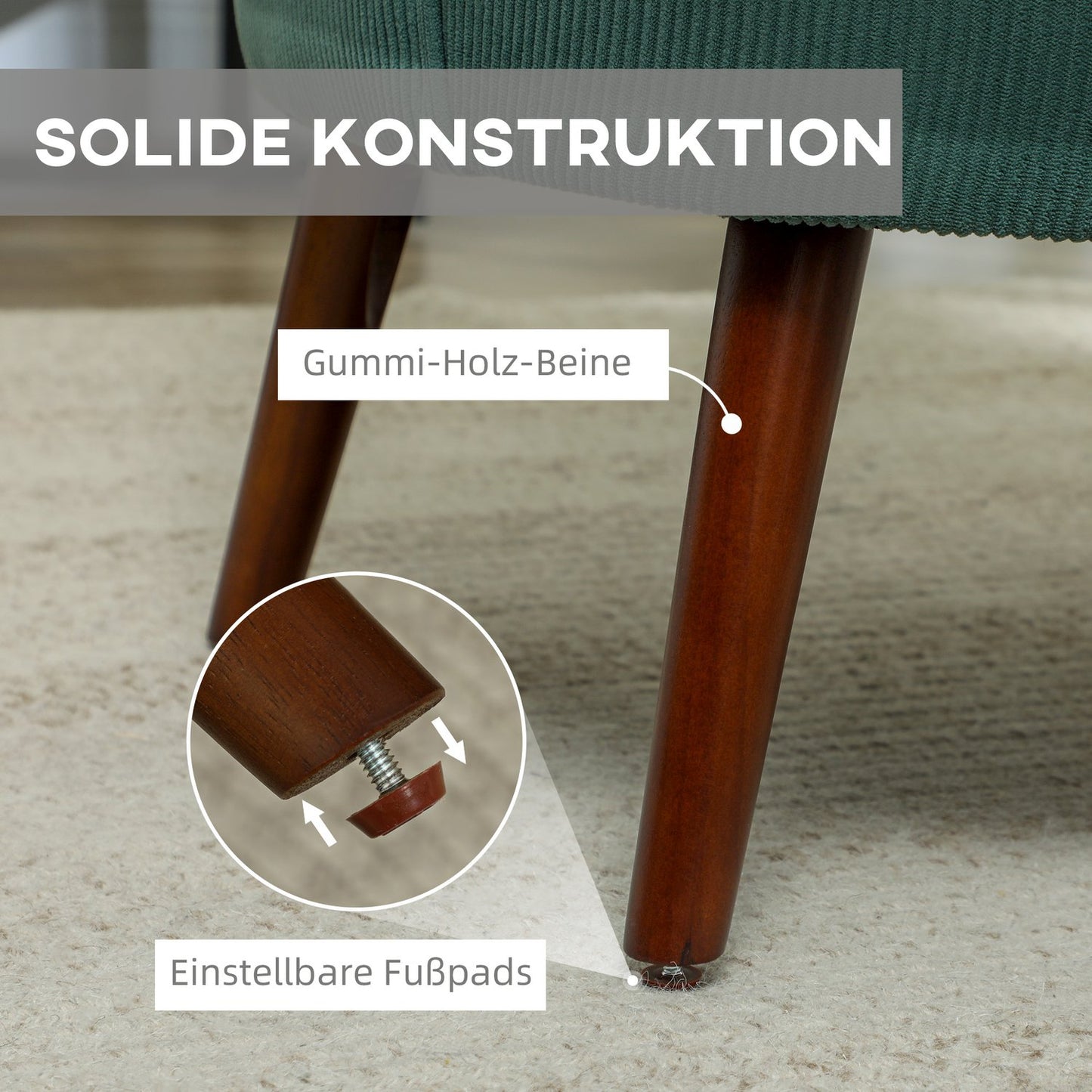 Dark green upholstered armchair, cord look, wooden legs
