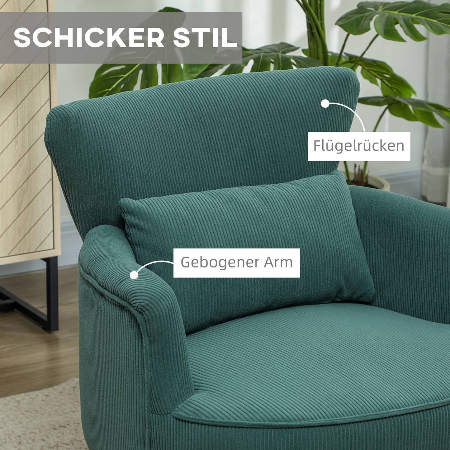 Dark green upholstered armchair, cord look, wooden legs