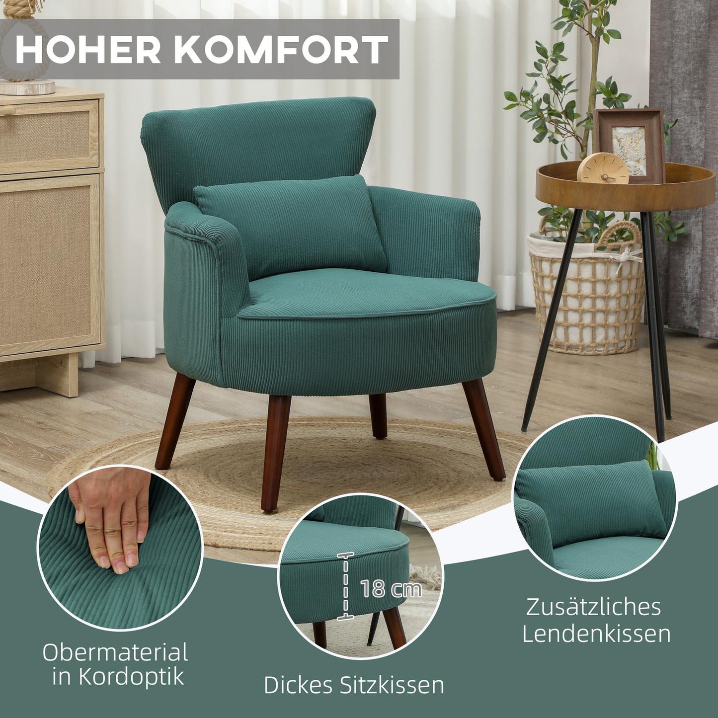 Dark green upholstered armchair, cord look, wooden legs