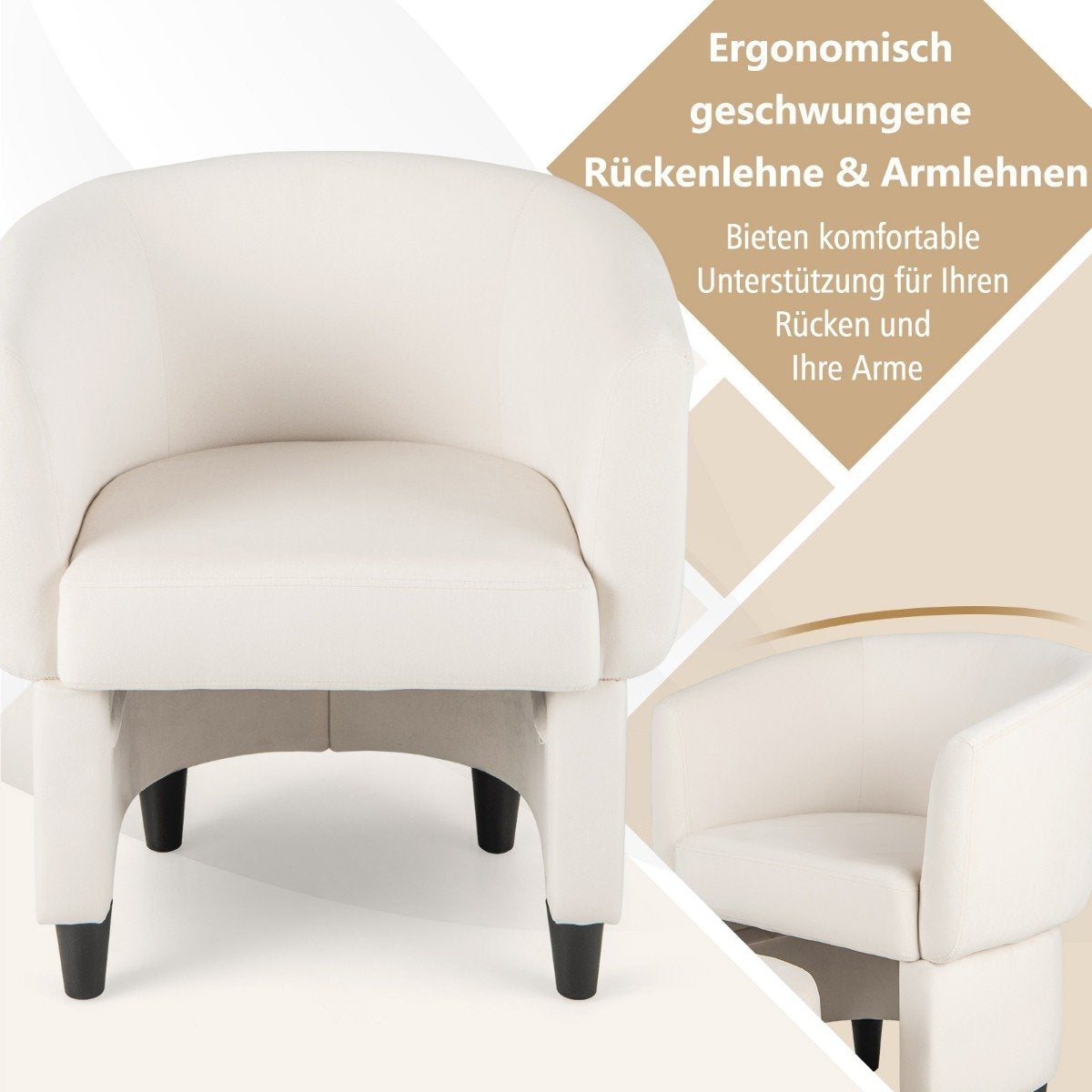 Armchair with footstool, upholstered velvet armchair, club armchair, solid wood, beige