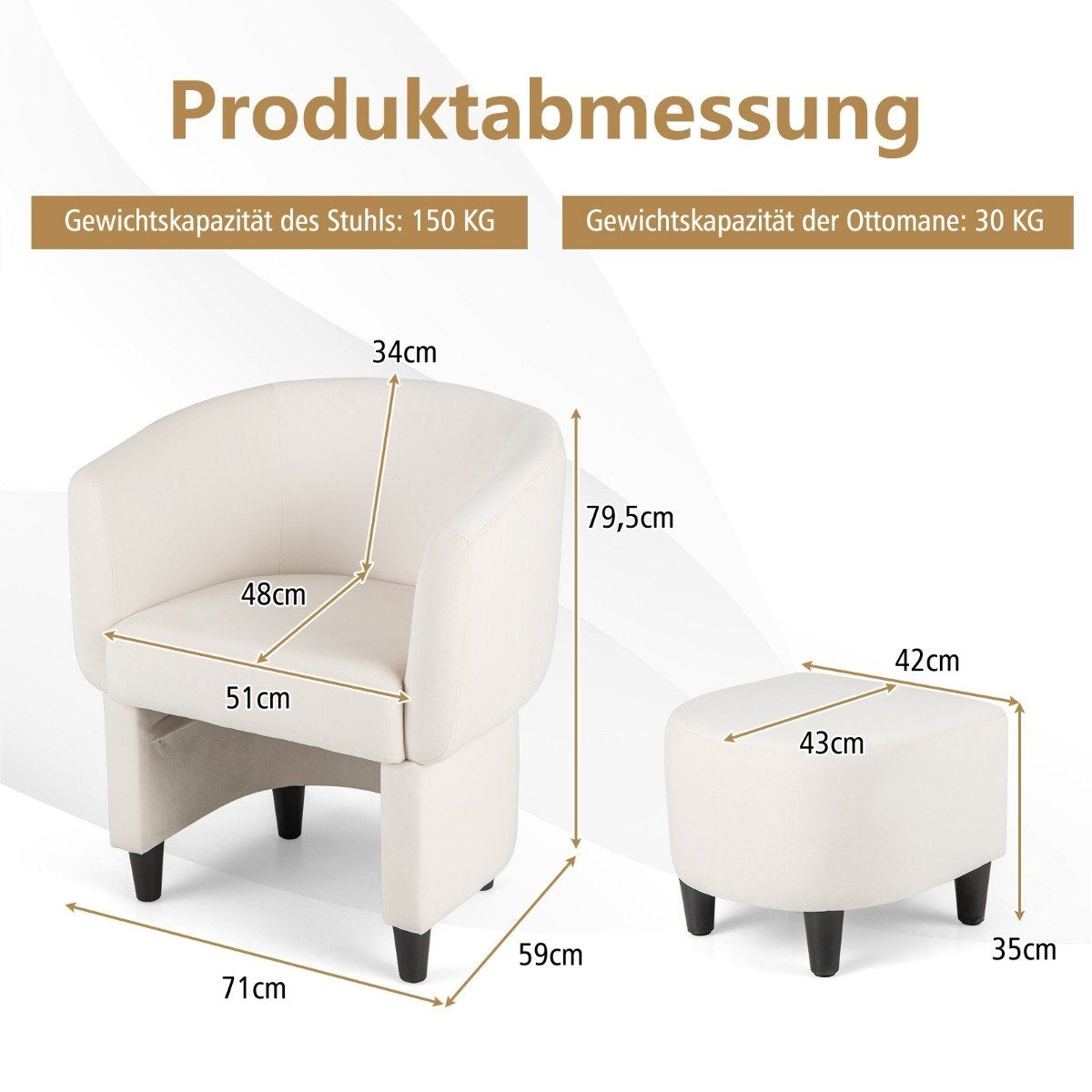 Armchair with footstool, upholstered velvet armchair, club armchair, solid wood, beige