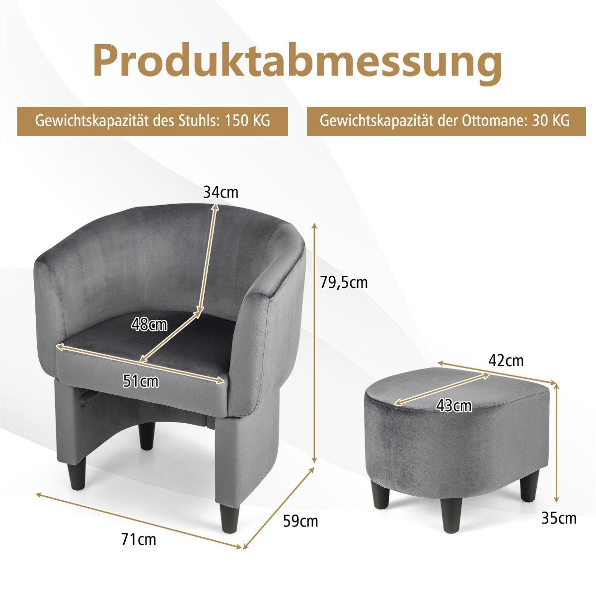 Armchair with footstool, upholstered velvet armchair, club chair, solid wood, grey