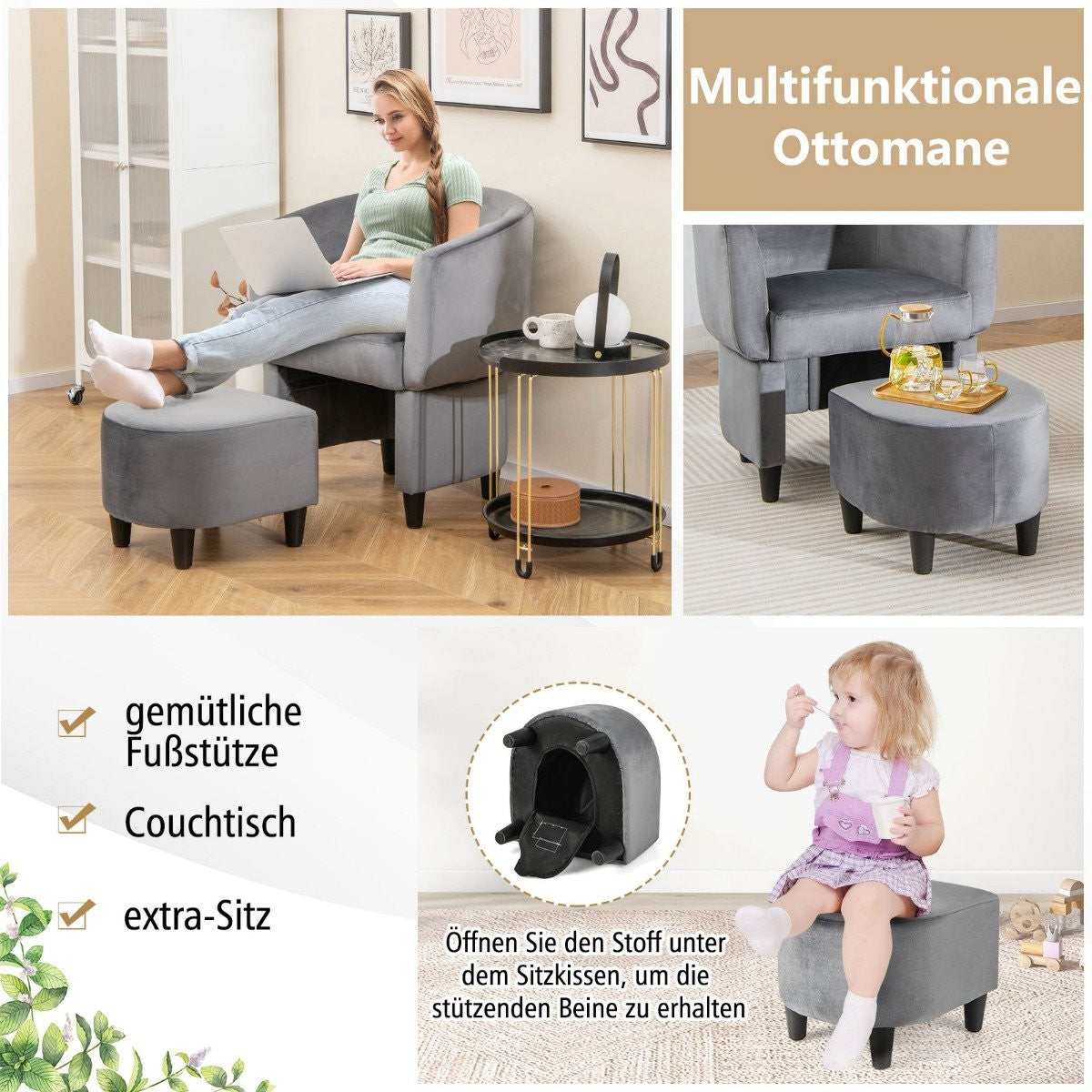 Armchair with footstool, upholstered velvet armchair, club chair, solid wood, grey