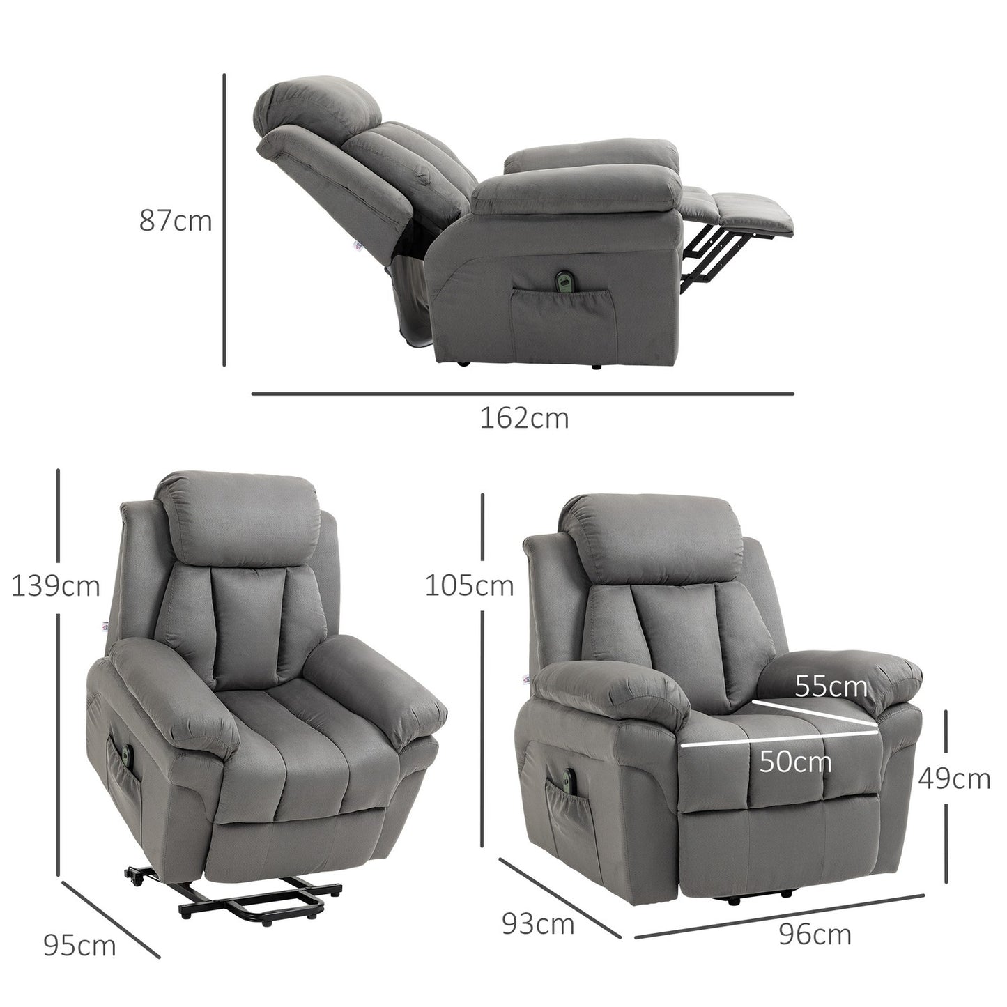 Electric recliner with standing aid, artificial leather, grey