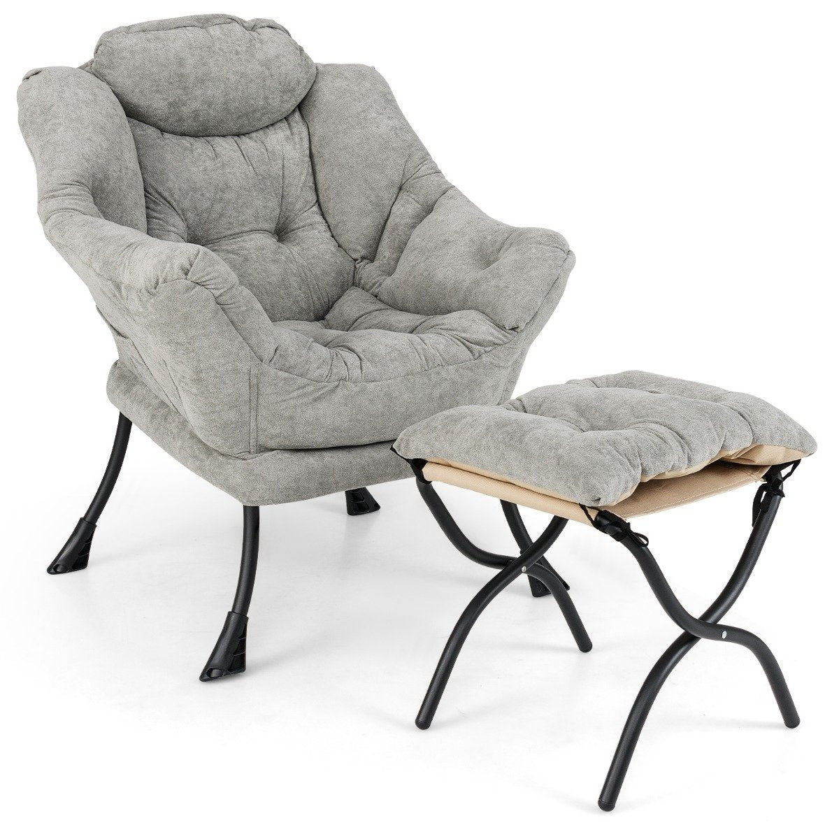 Armchair with stool & armrests & side pocket & double-sided footrest relaxation chair gray