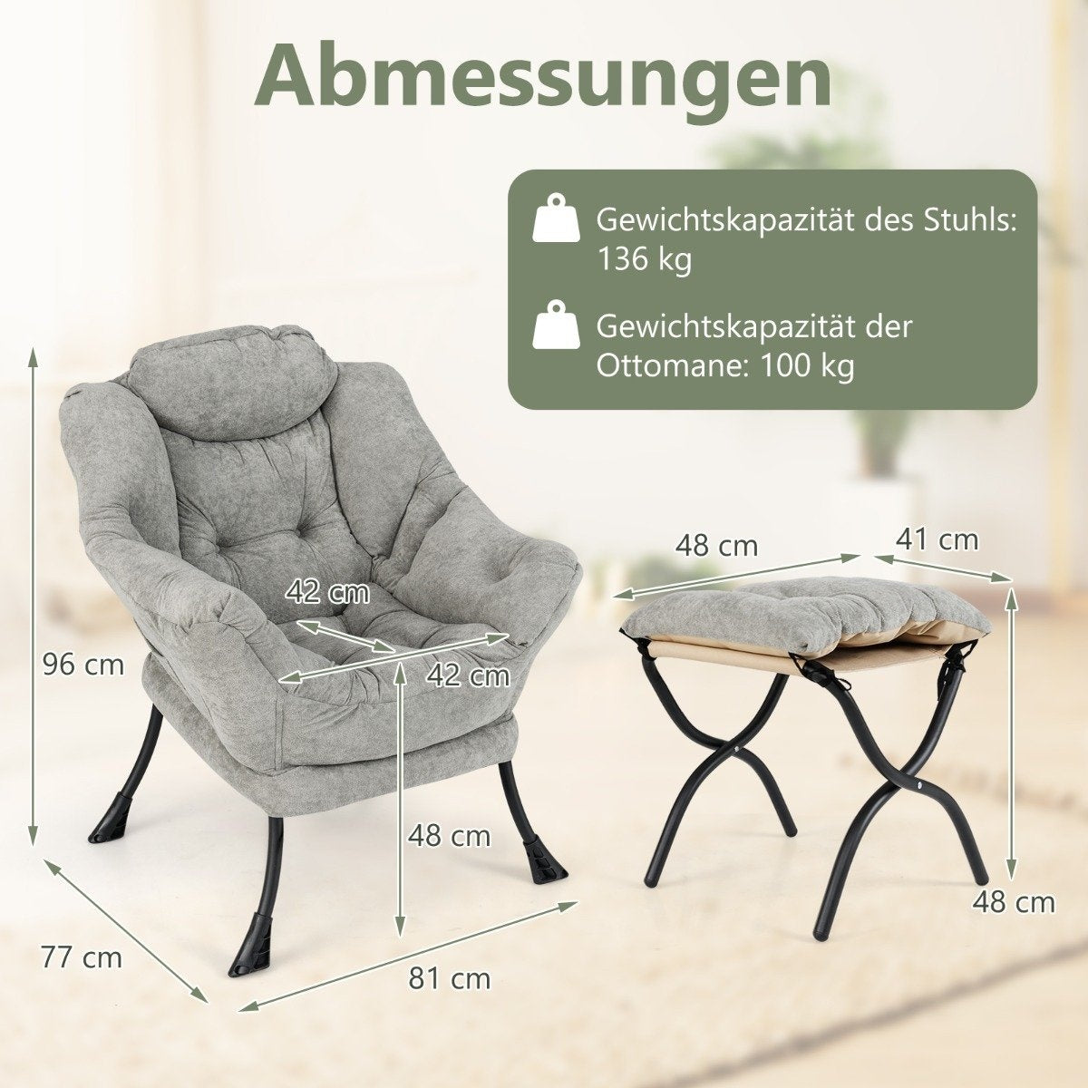 Armchair with stool & armrests & side pocket & double-sided footrest relaxation chair gray
