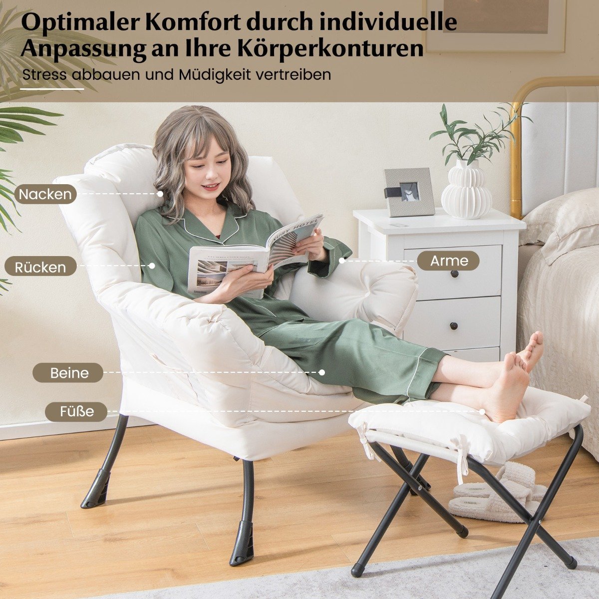 Armchair with stool & armrests & side pocket & footrest relaxation chair wing chair beige