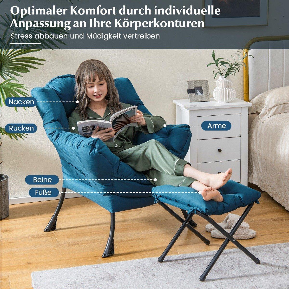 Armchair with stool & armrests & side pocket & footrest relaxation chair wing chair blue