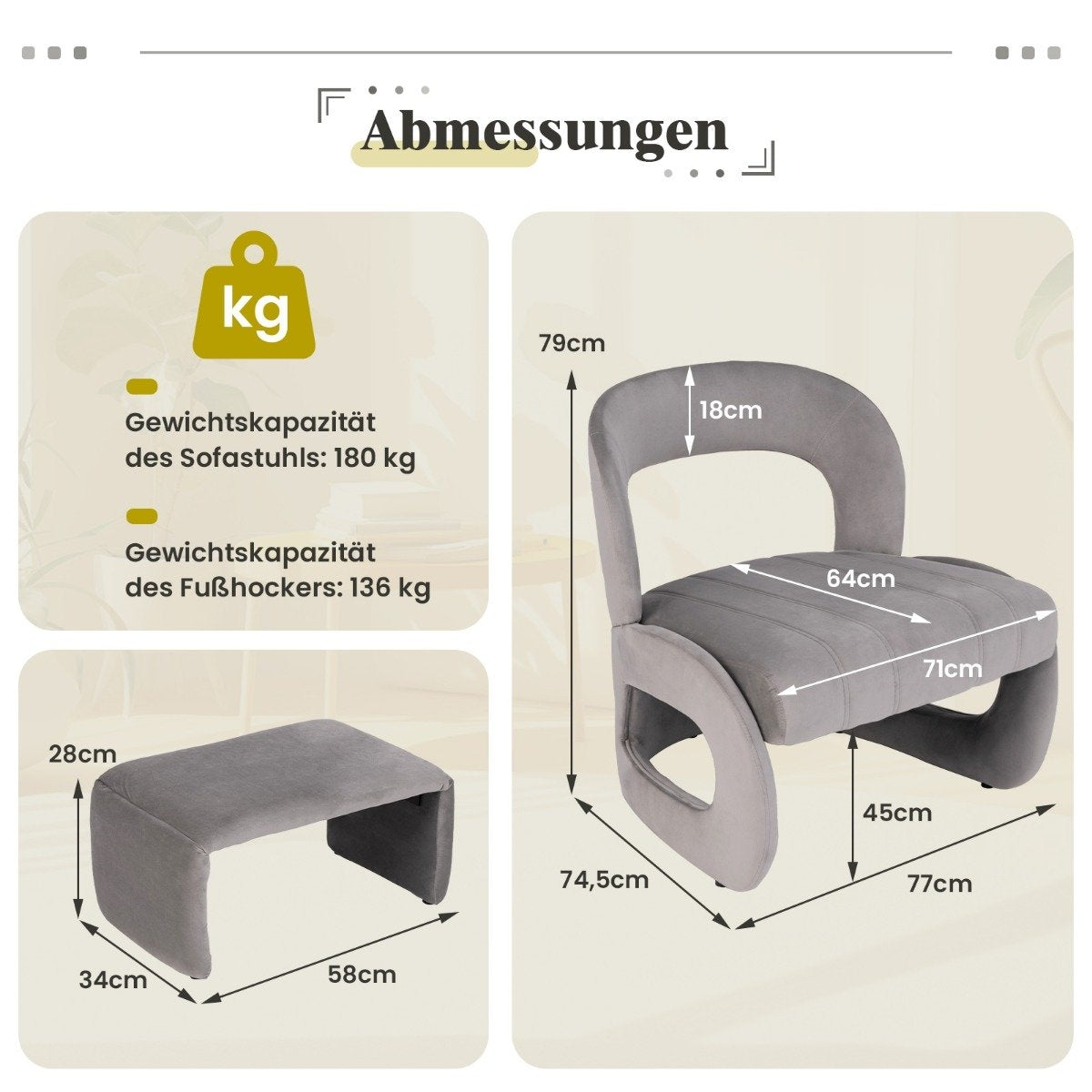Armchair with stool oversized relaxation armchair with open back and wide seat gray