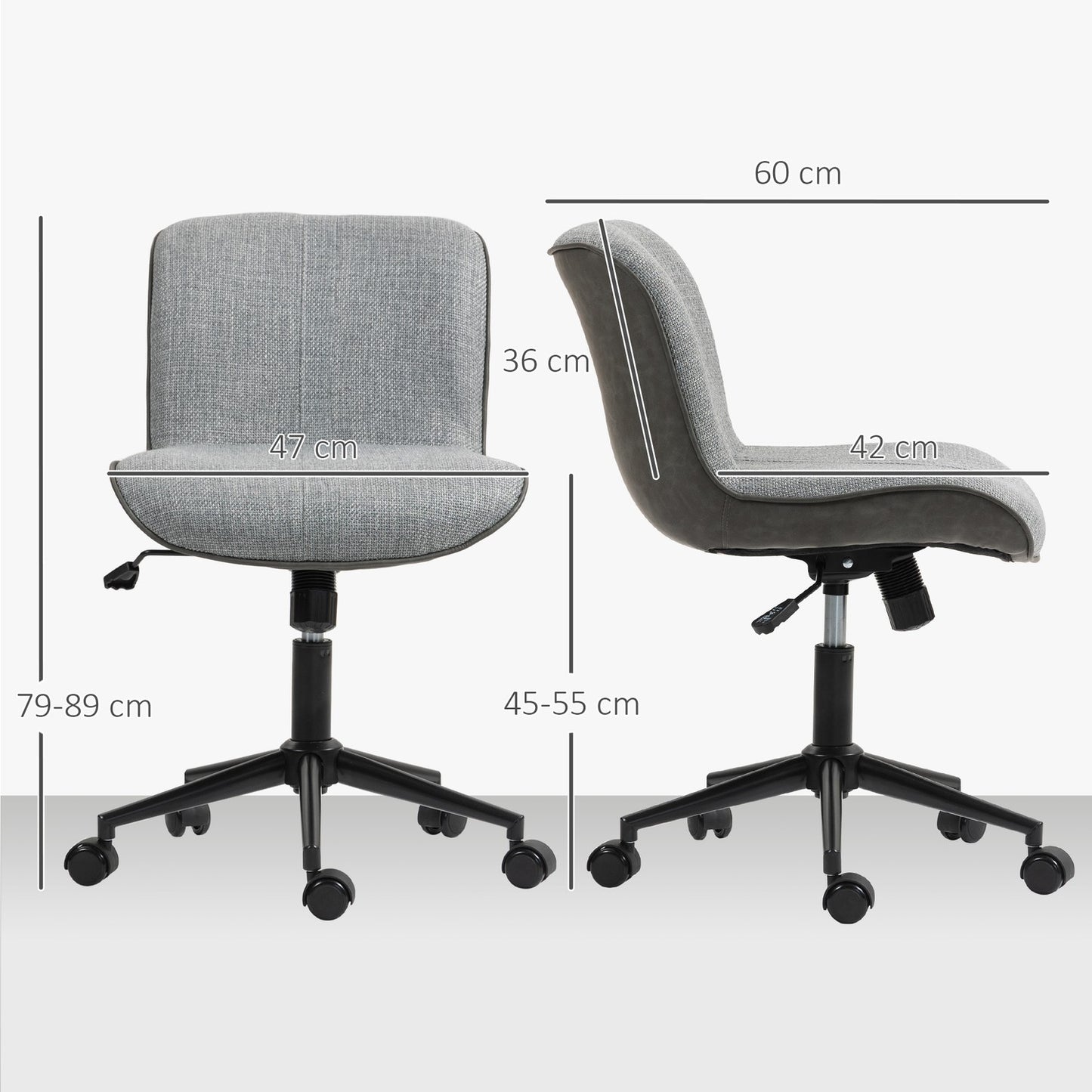 Armless Office Chair, Adjustable Height, Swivel, Grey