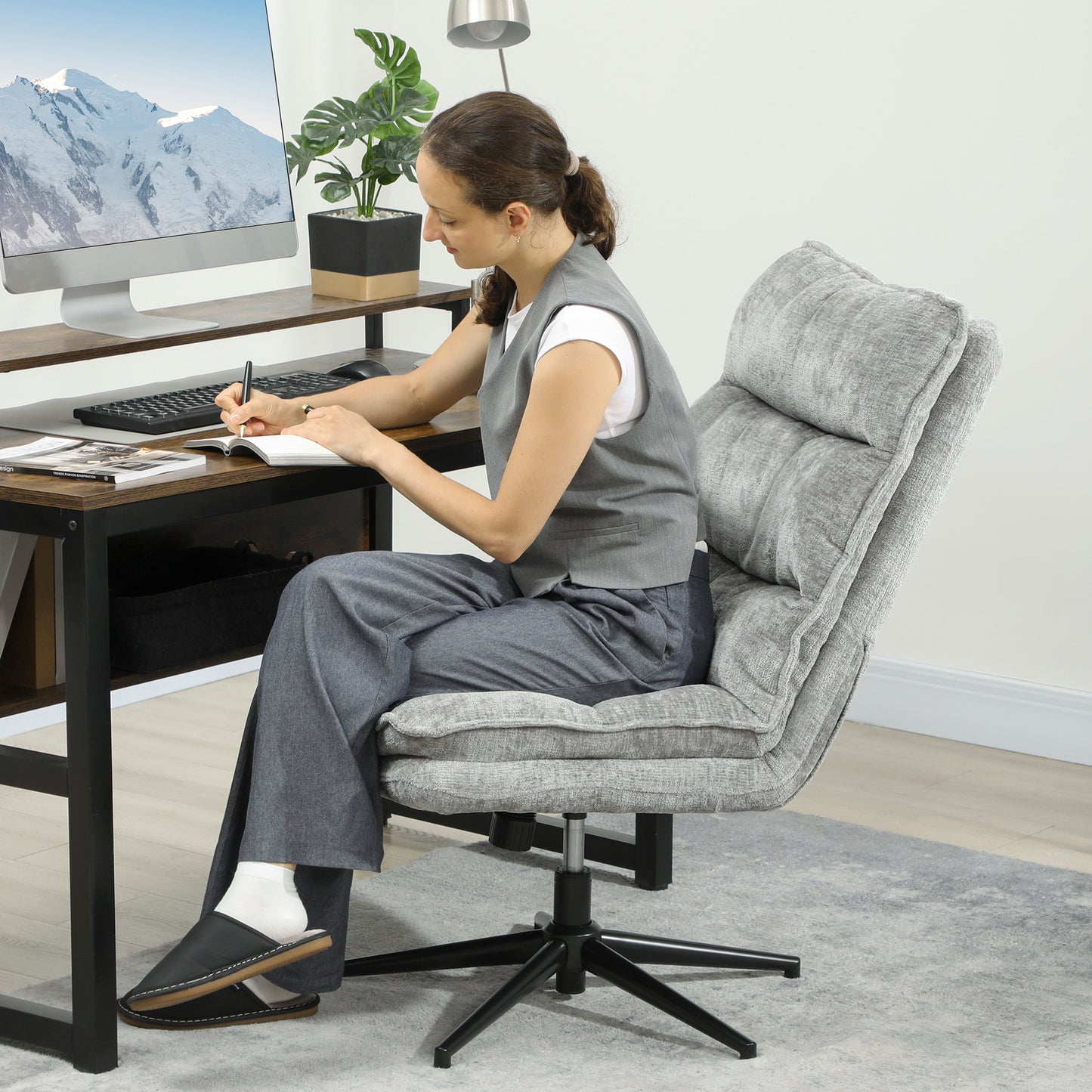 Armless Office Chair, Swivel, Adjustable Height, Grey Fabric