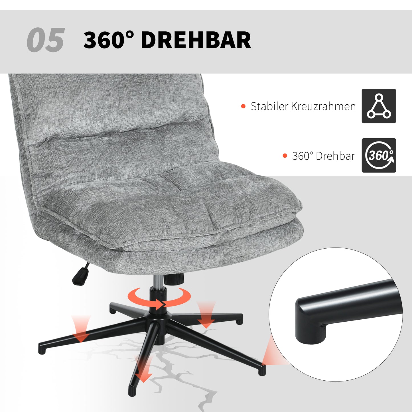 Armless Office Chair, Swivel, Adjustable Height, Grey Fabric
