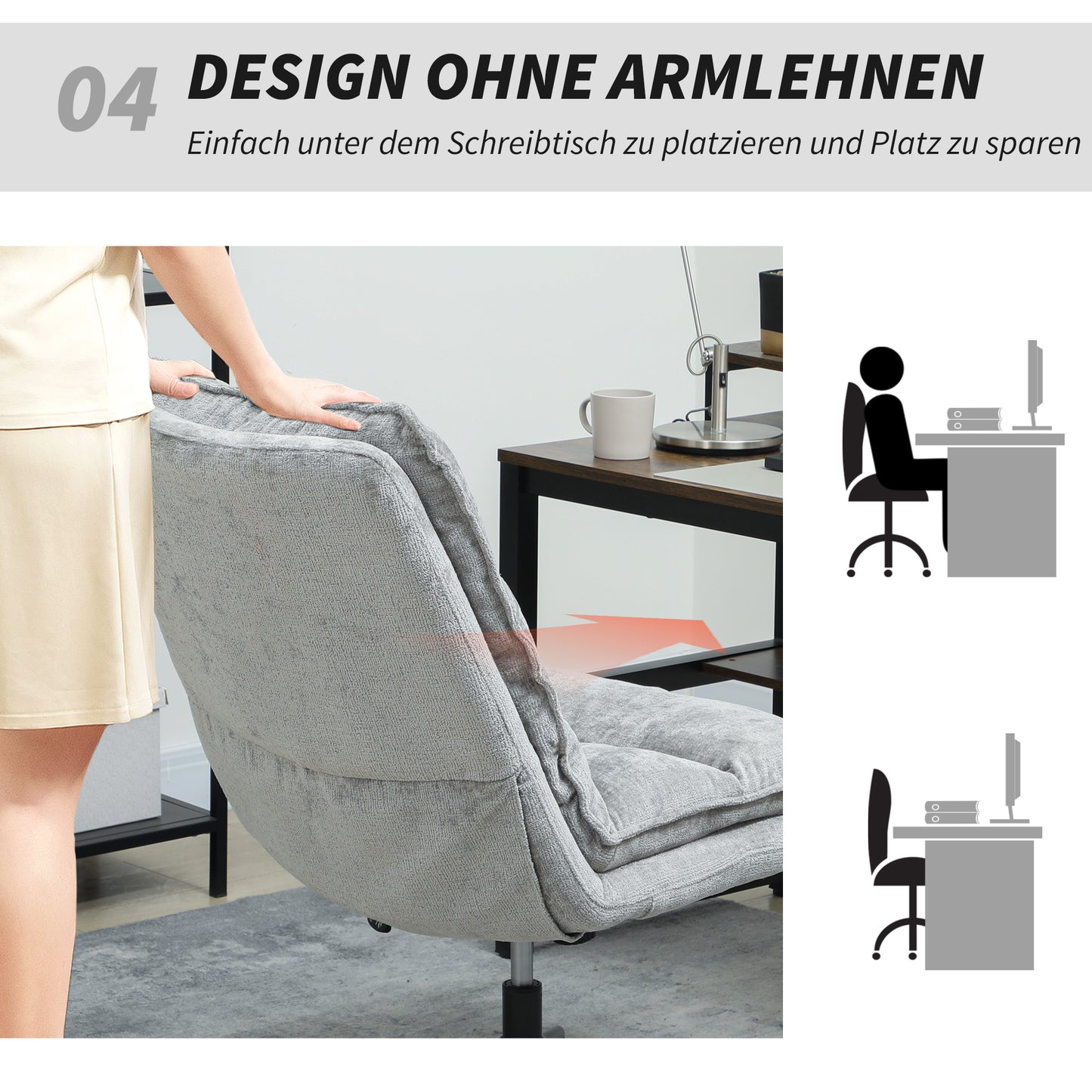 Armless Office Chair, Swivel, Adjustable Height, Grey Fabric