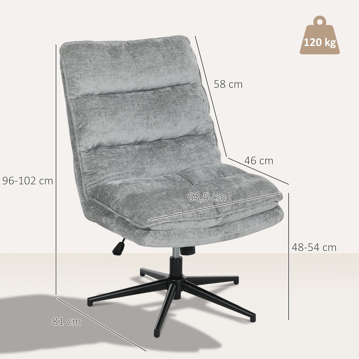 Armless Office Chair, Swivel, Adjustable Height, Grey Fabric