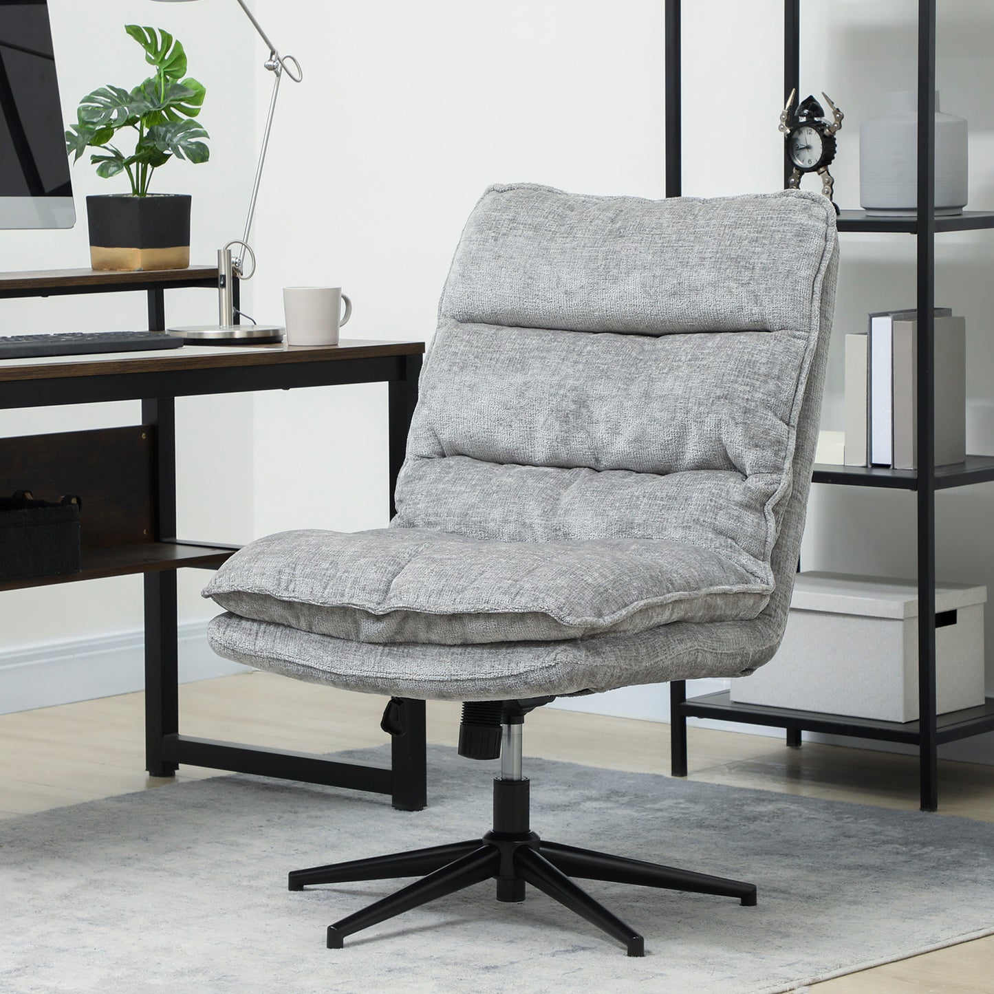 Armless Office Chair, Swivel, Adjustable Height, Grey Fabric