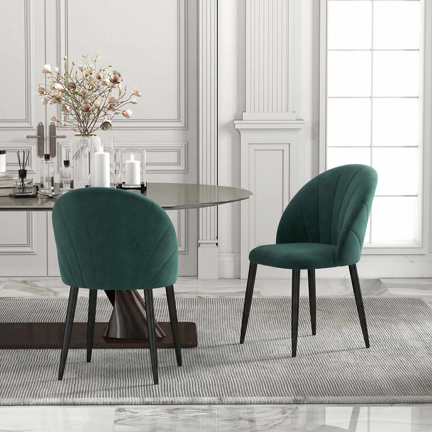 Armless Velvet Dining Chairs, Set of 2, Dark Green