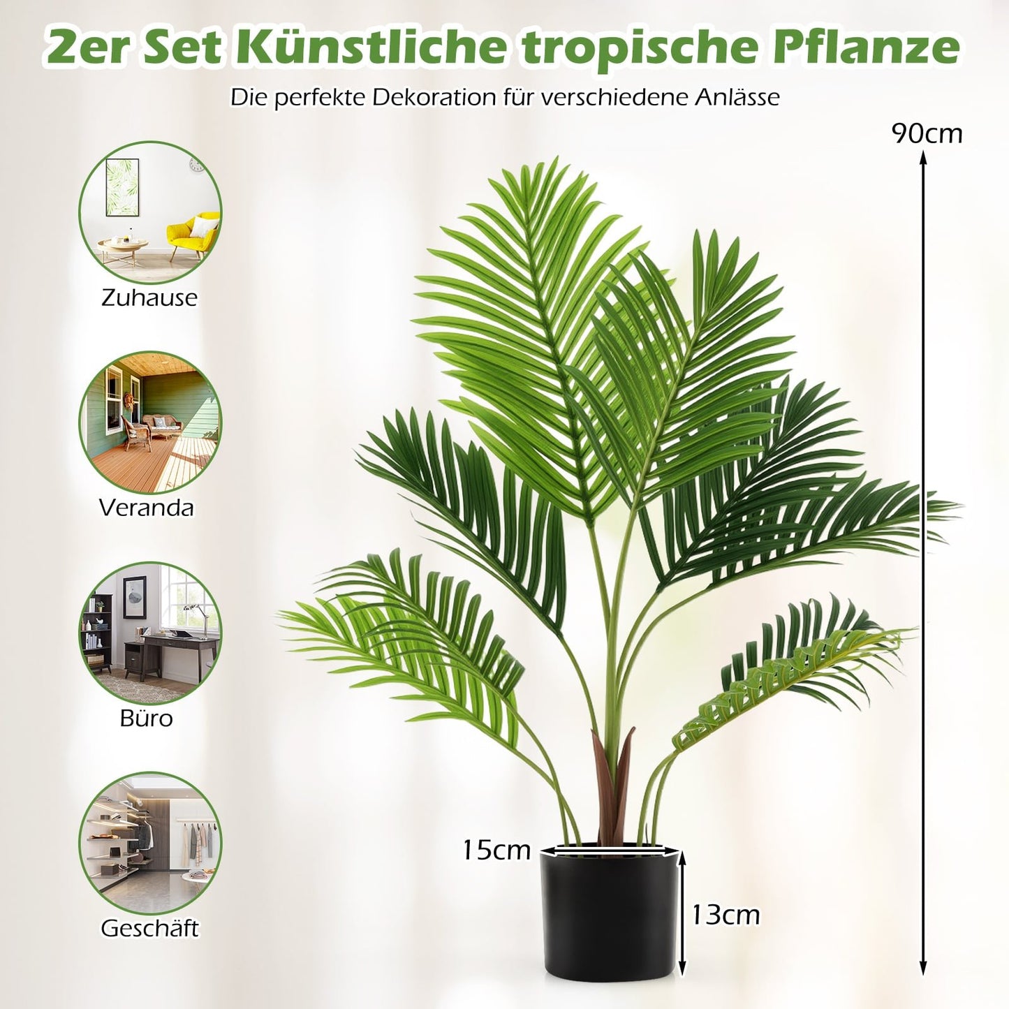 Artificial Areca Palm Set, 90 cm, Indoor, Maintenance-Free
