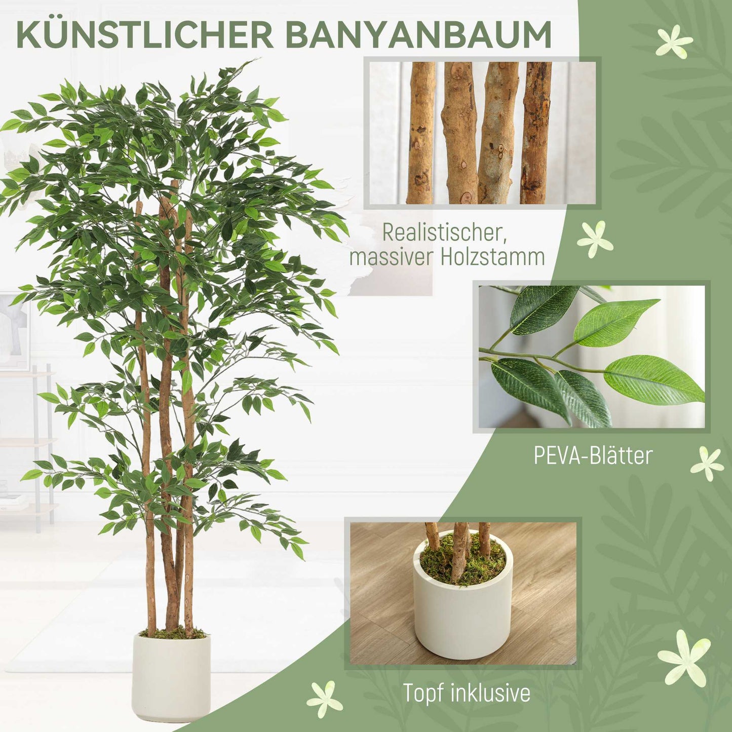 Artificial Banyan Tree with Wood Trunk, Pot, 180 cm