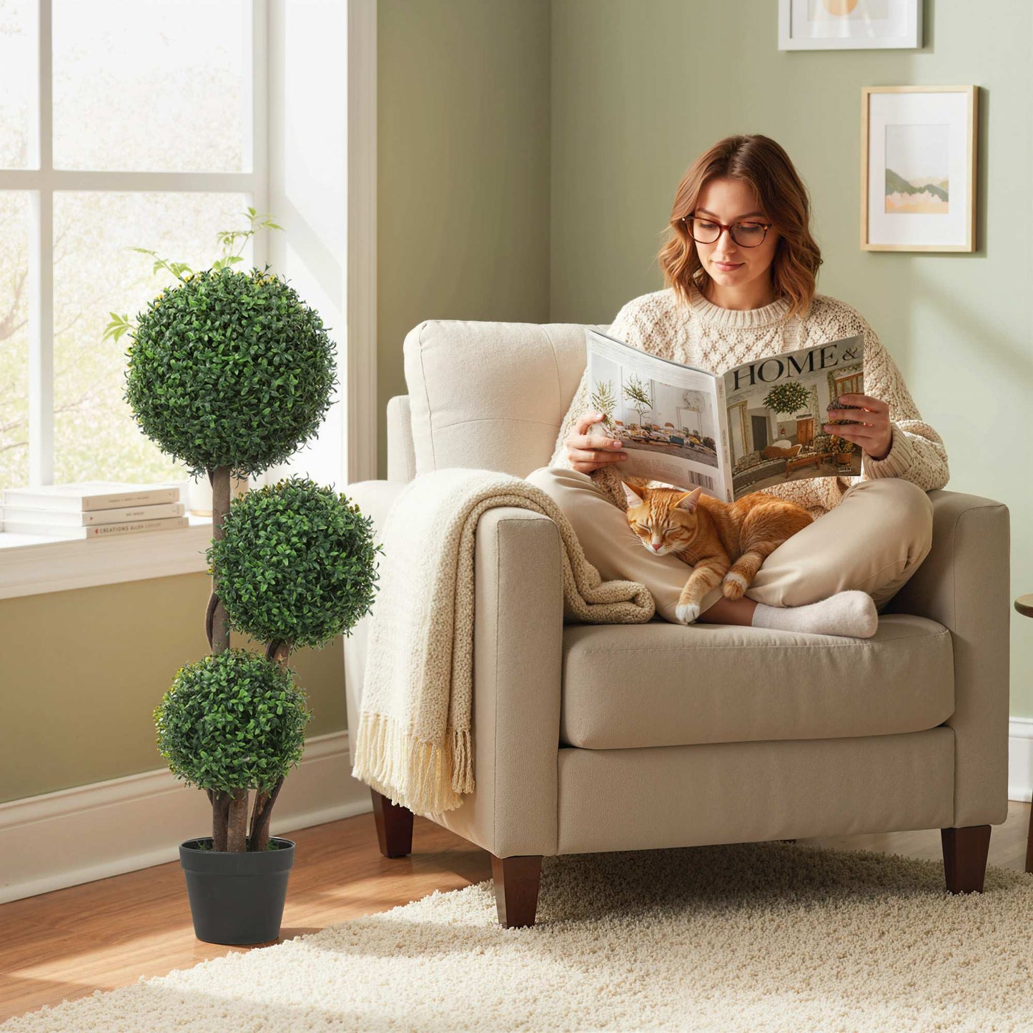 Artificial Boxwood Topiary, Triple Ball Design, 100 cm, Green