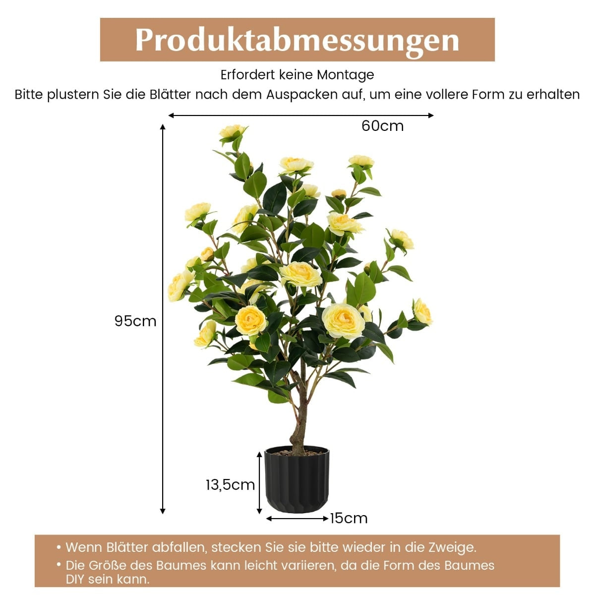 Artificial Camellia Tree, 95 cm, Yellow, Cement Pot